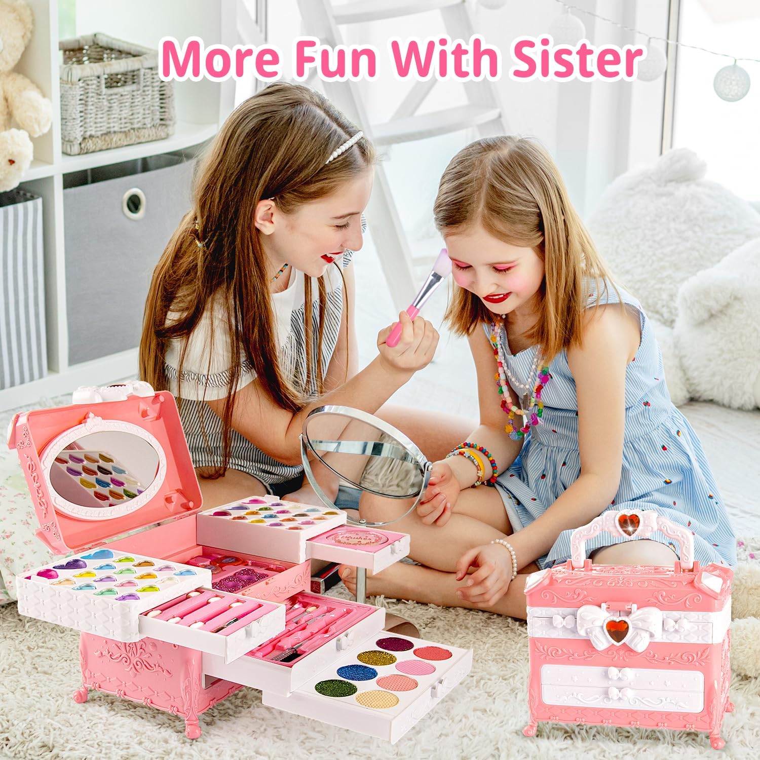 Kit de maquillaje infantil para niñas, juego de maquillaje de princesa lavable real, 66 piezas de juguetes de Mqsiuve para niñas, regalo de Navidad