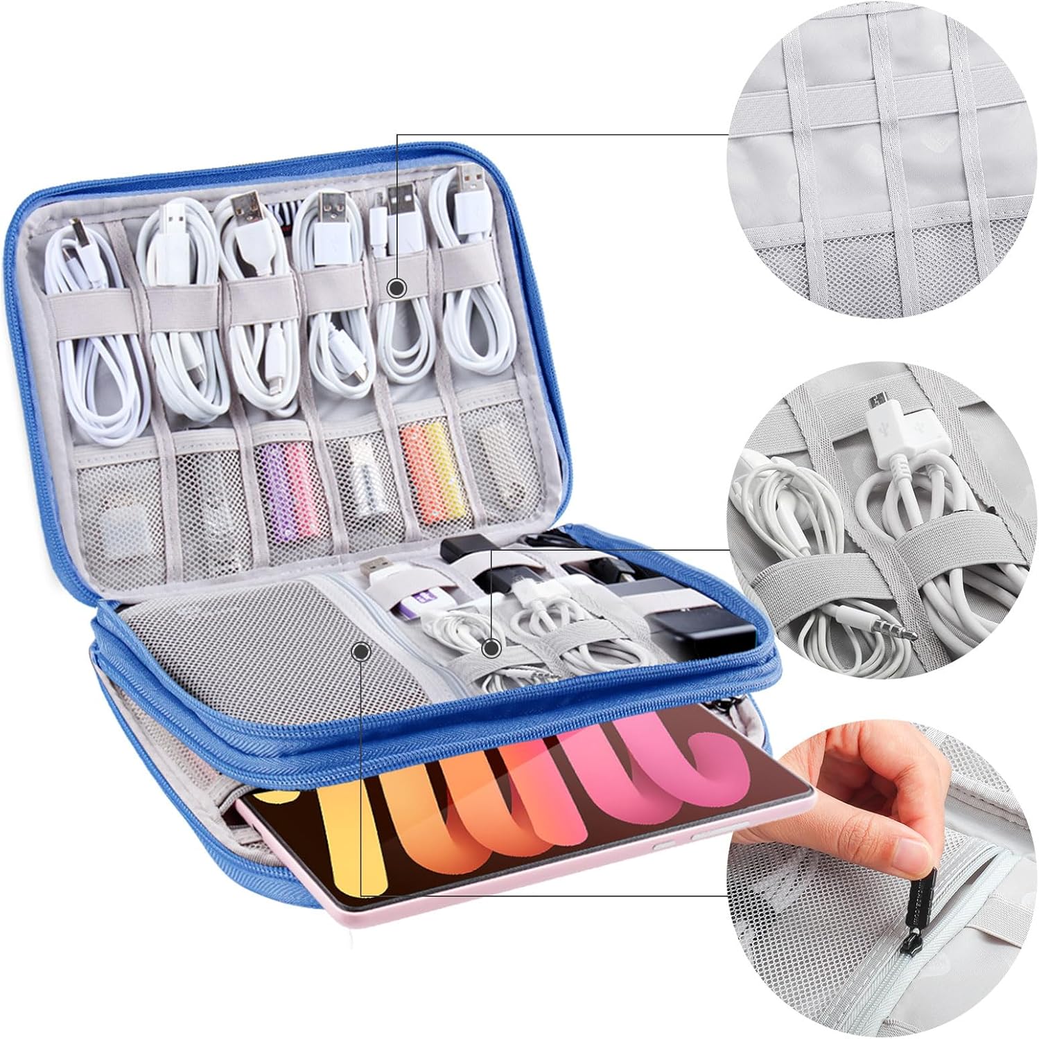 Organizador de electrónica, bolsa organizadora de cables de viaje, resistente al agua, doble capa para cable, cable, iPhone, iPad Mini, regalo para