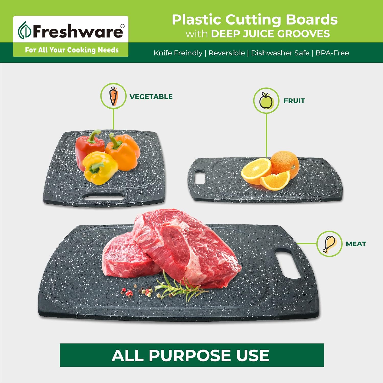 Juego de 3 tablas de cortar de plástico para cocina, ranuras para jugos con mango de fácil agarre, sin BPA, no porosas, aptas para lavavajillas,