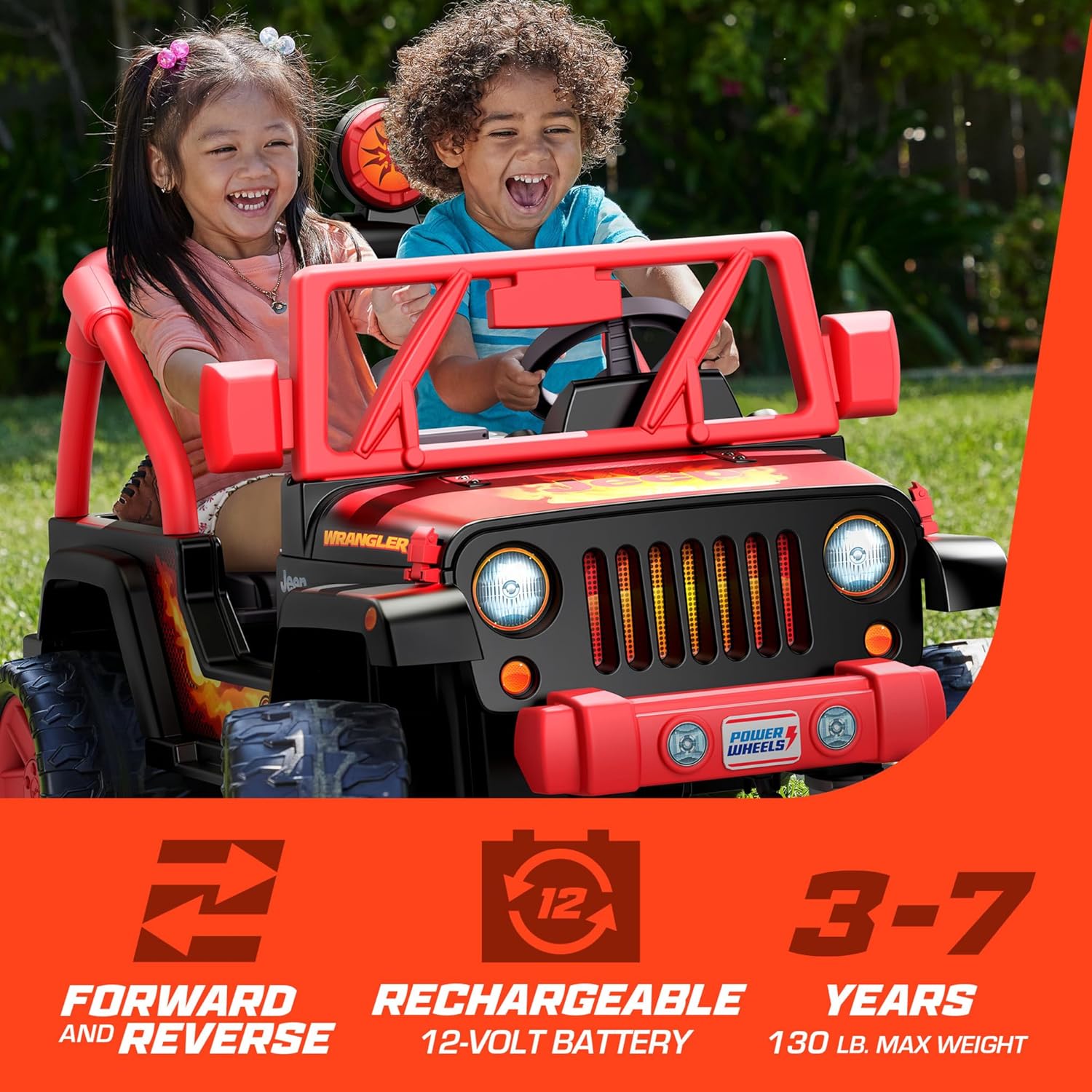 Power Wheels – Juguete montable Jeep Wrangler Tough Talking con sonidos y micrófono, juguete preescolar, tracción multiterreno, 2 asientos, negro y