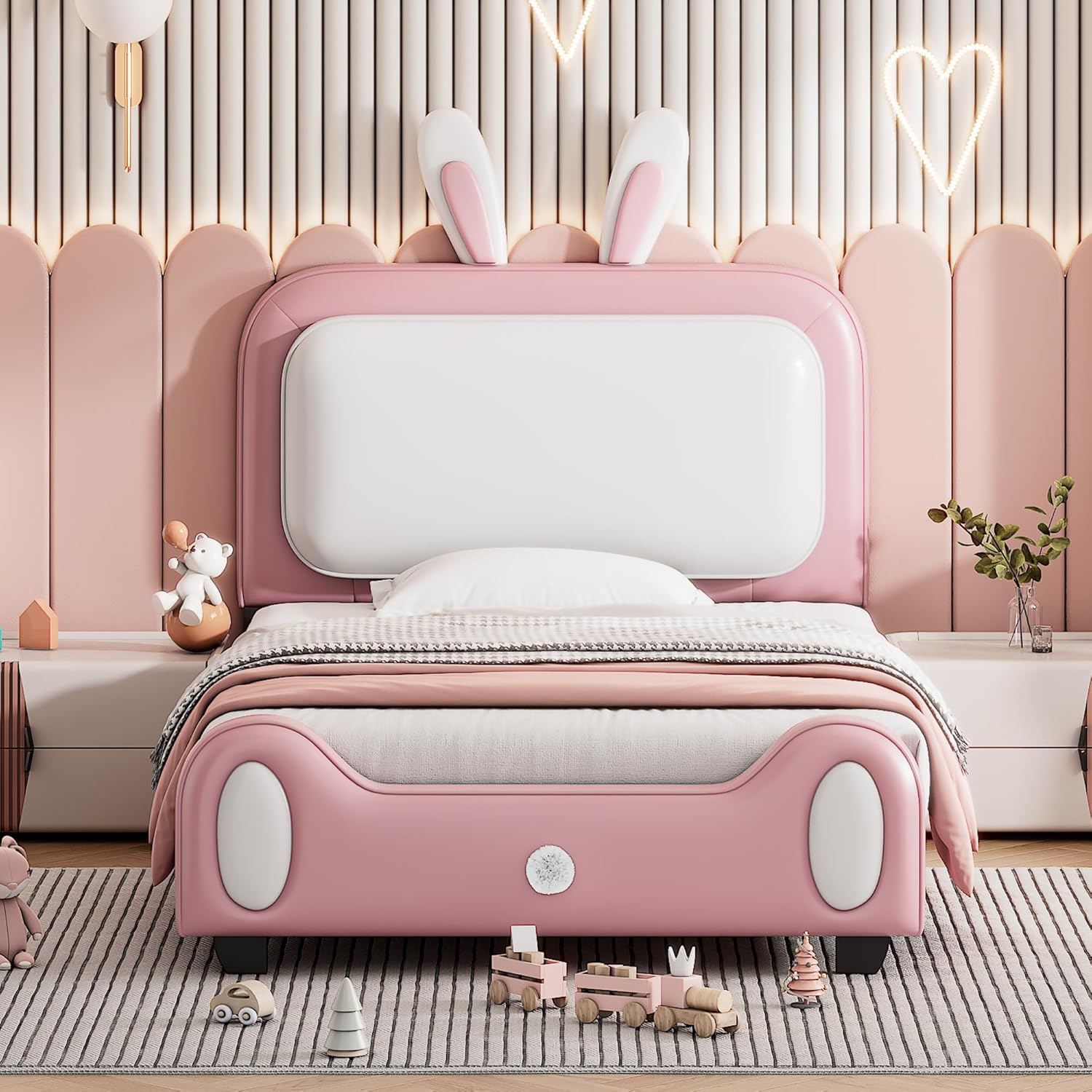 Cama de princesa tapizada en forma de conejo de tamaño individual con cabecero y estribo, plataforma tapizada de piel sintética para niños y