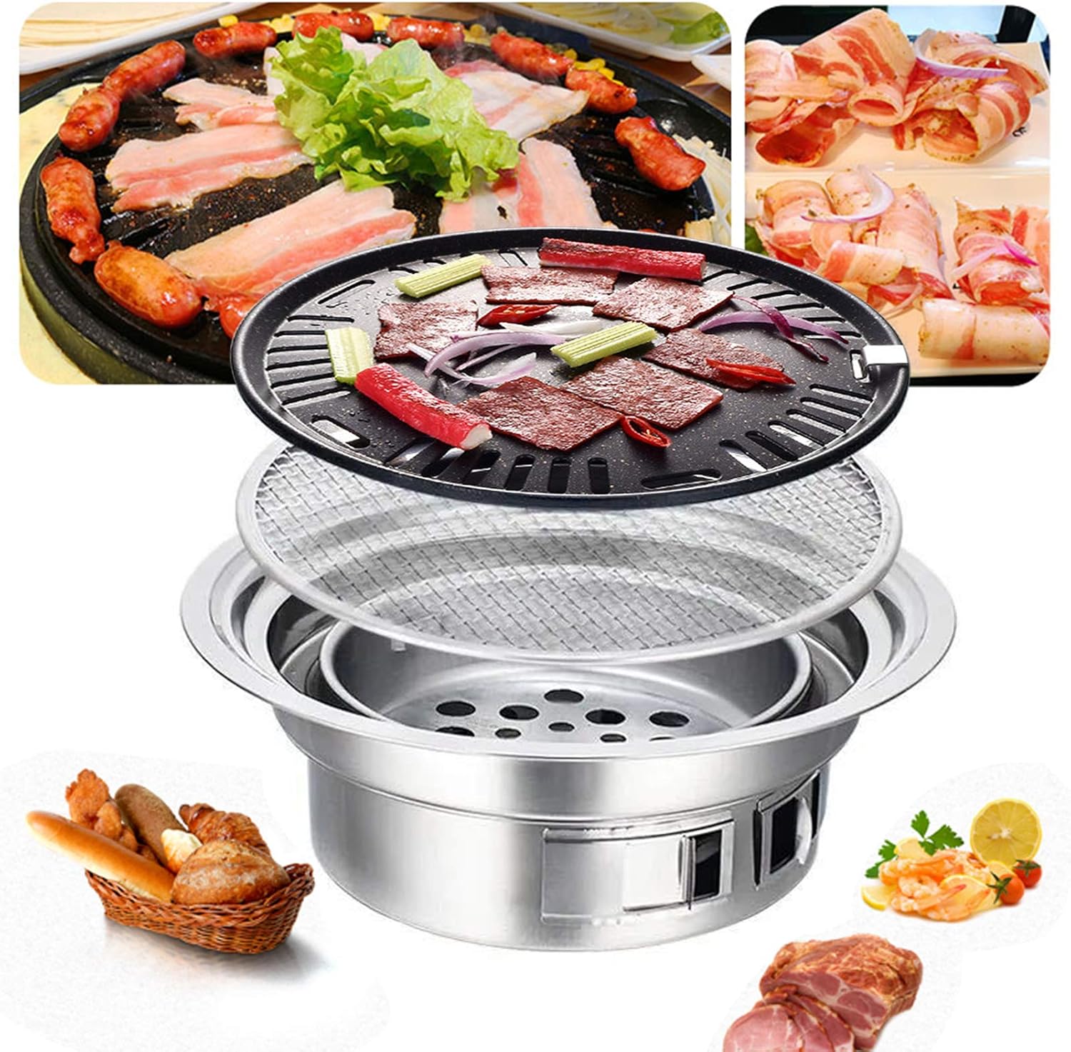 TBVECHI Parrilla de mesa portátil, parrilla de barbacoa de estilo coreano de 15.75 pulgadas, parrilla de barbacoa de acero inoxidable, estufa de
