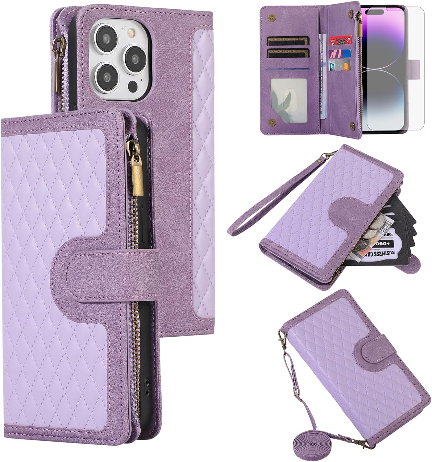 Asuwish Funda compatible con iPhone 15 Pro de 6.1 pulgadas, protector de pantalla, correa de muñeca cruzada, tarjetero con cremallera, funda para