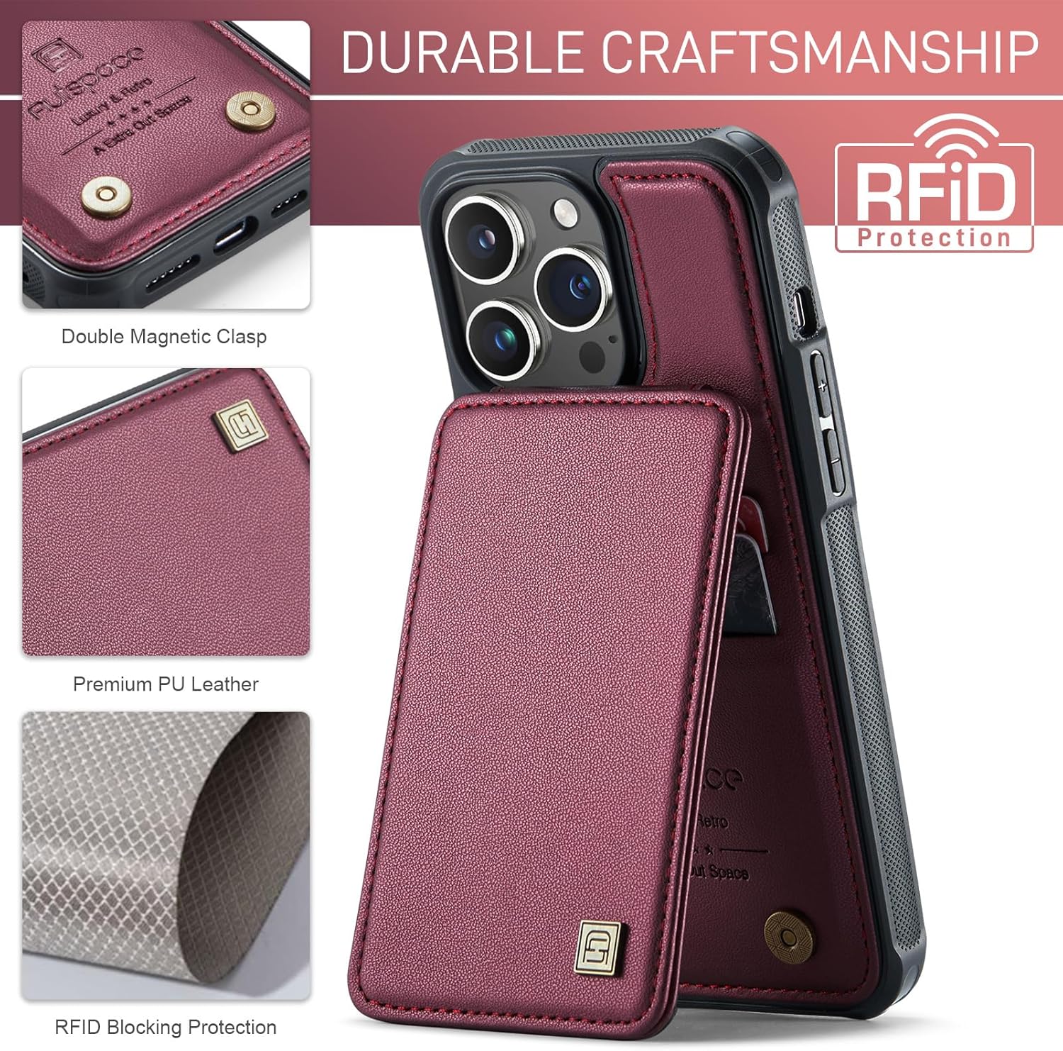 ASAPDOS Funda para iPhone 15 Pro con tarjetero, piel sintética a prueba de golpes, funda tipo cartera para iPhone 15 Pro con bloqueo RFID y soporte