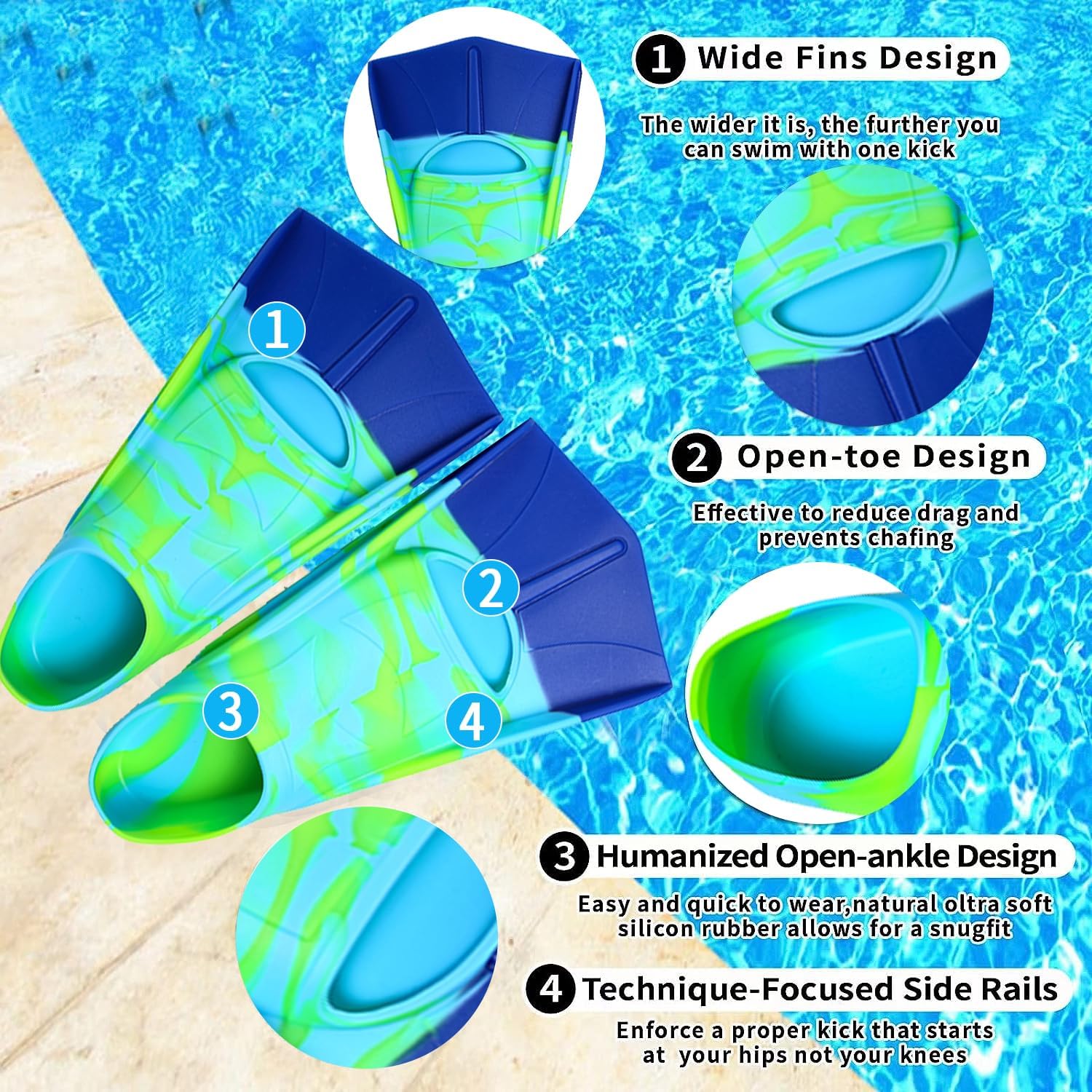 Aletas de natación para niños, aletas cortas para nadar y entrenar para niños, niñas, niños