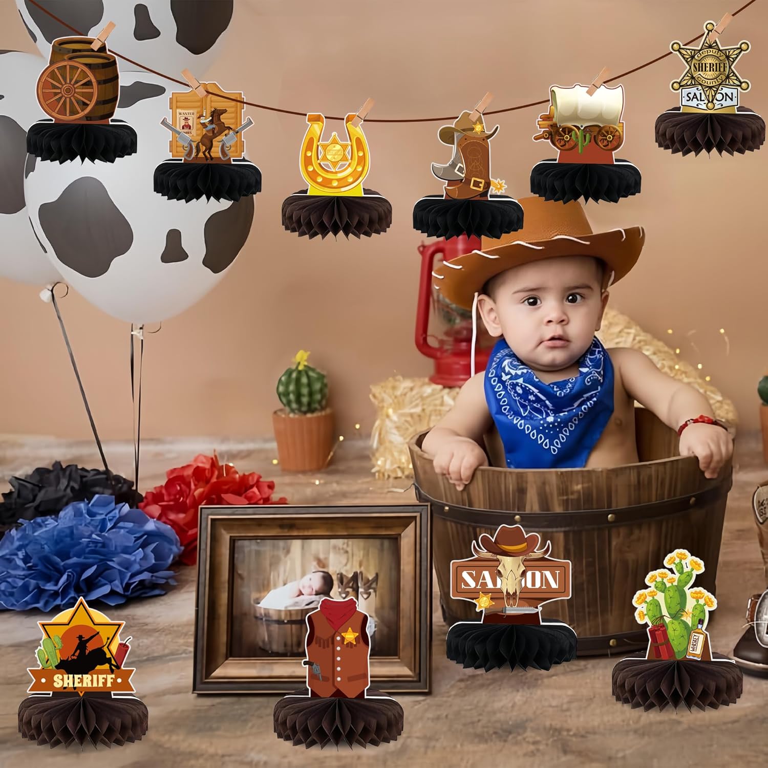 Yoqipati 10 Pieces Western Cowboy Honeycomb Centerpieces Wild West Party Decoration 3D Table Toppers Double Sided Stand Cards for Western Theme