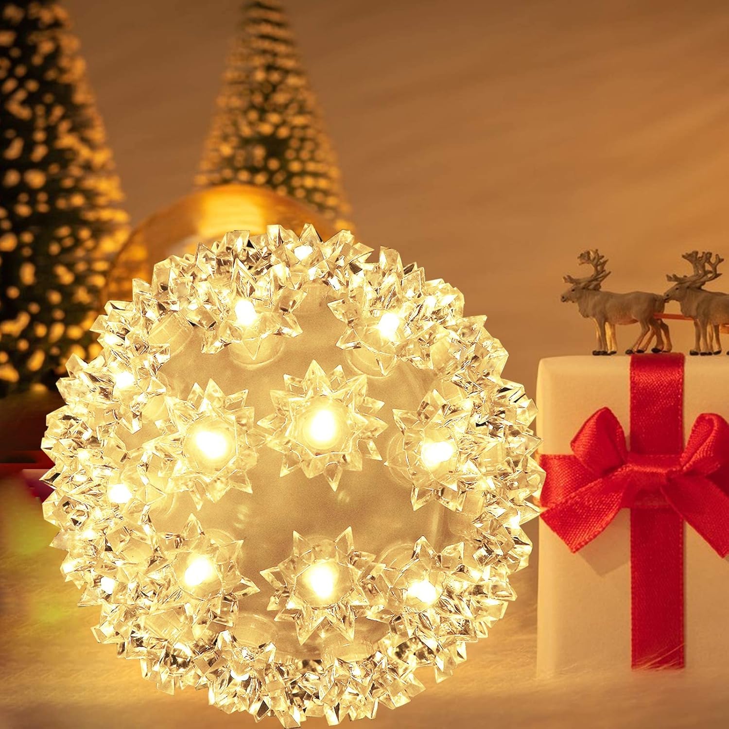 Luces de Navidad de 7 pulgadas brillantes para colgar al aire libre, luces parpadeantes, 100 luces LED de luz estelar, esfera blanca cálida, suave,