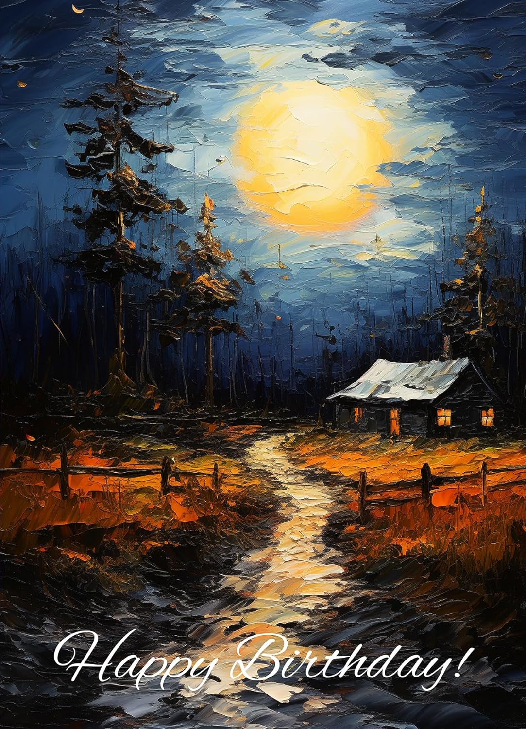 PIXILUV Tarjeta de felicitación de feliz cumpleaños  Increíble pintura al óleo de una cabaña pacífica en el bosque  Deseos de cumpleaños saludos