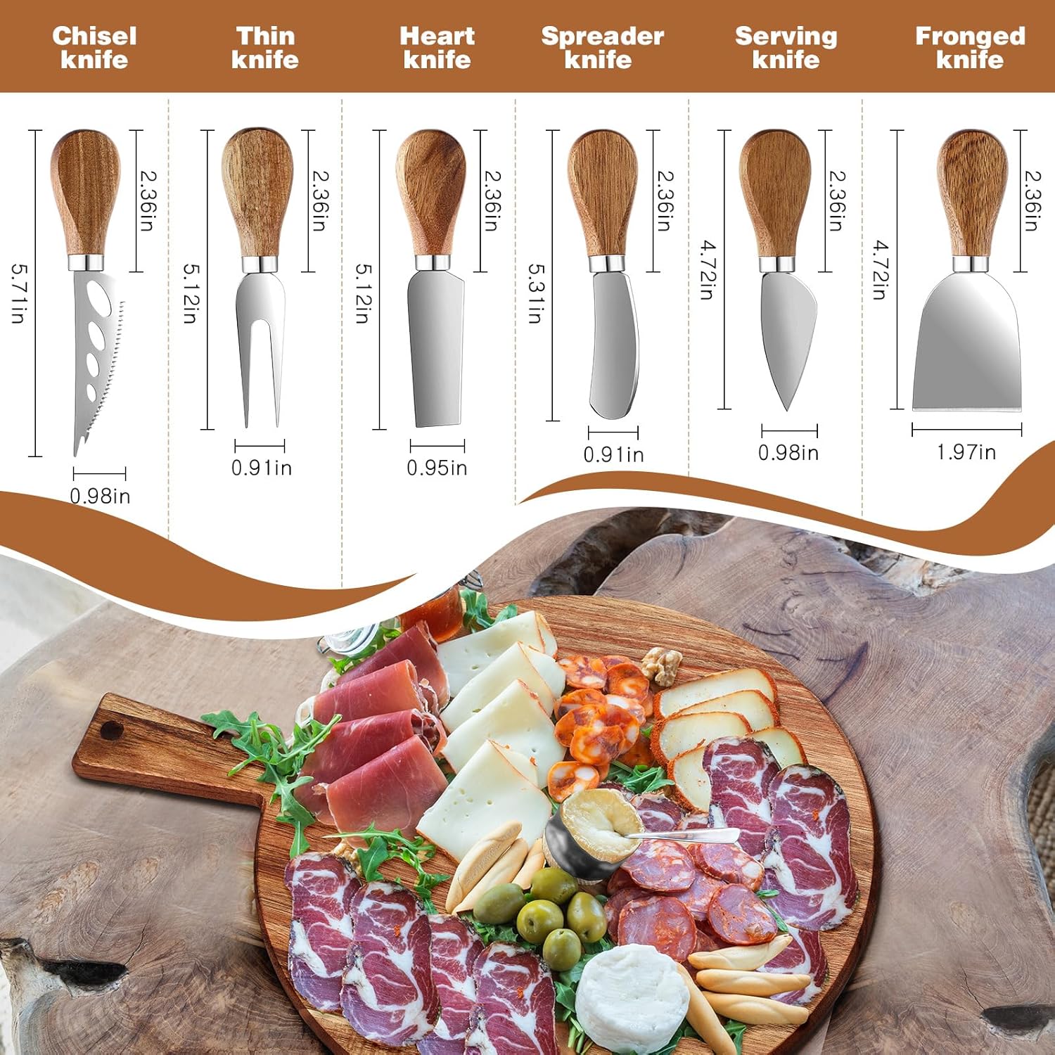 Juego de 6 tablas de queso de Navidad, tabla de cortar de madera de Navidad con mango y cuchillos de queso, tabla decorativa para quesos a granel