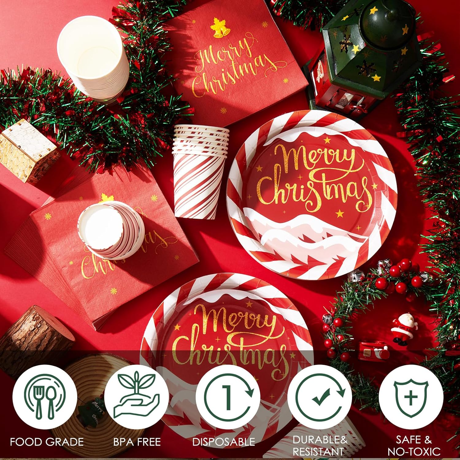 Juego de vajilla de 200 piezas para fiesta de Navidad, bastón de caramelo, a rayas, para 50 platos de papel desechables de 9 pulgadas, taza de 9