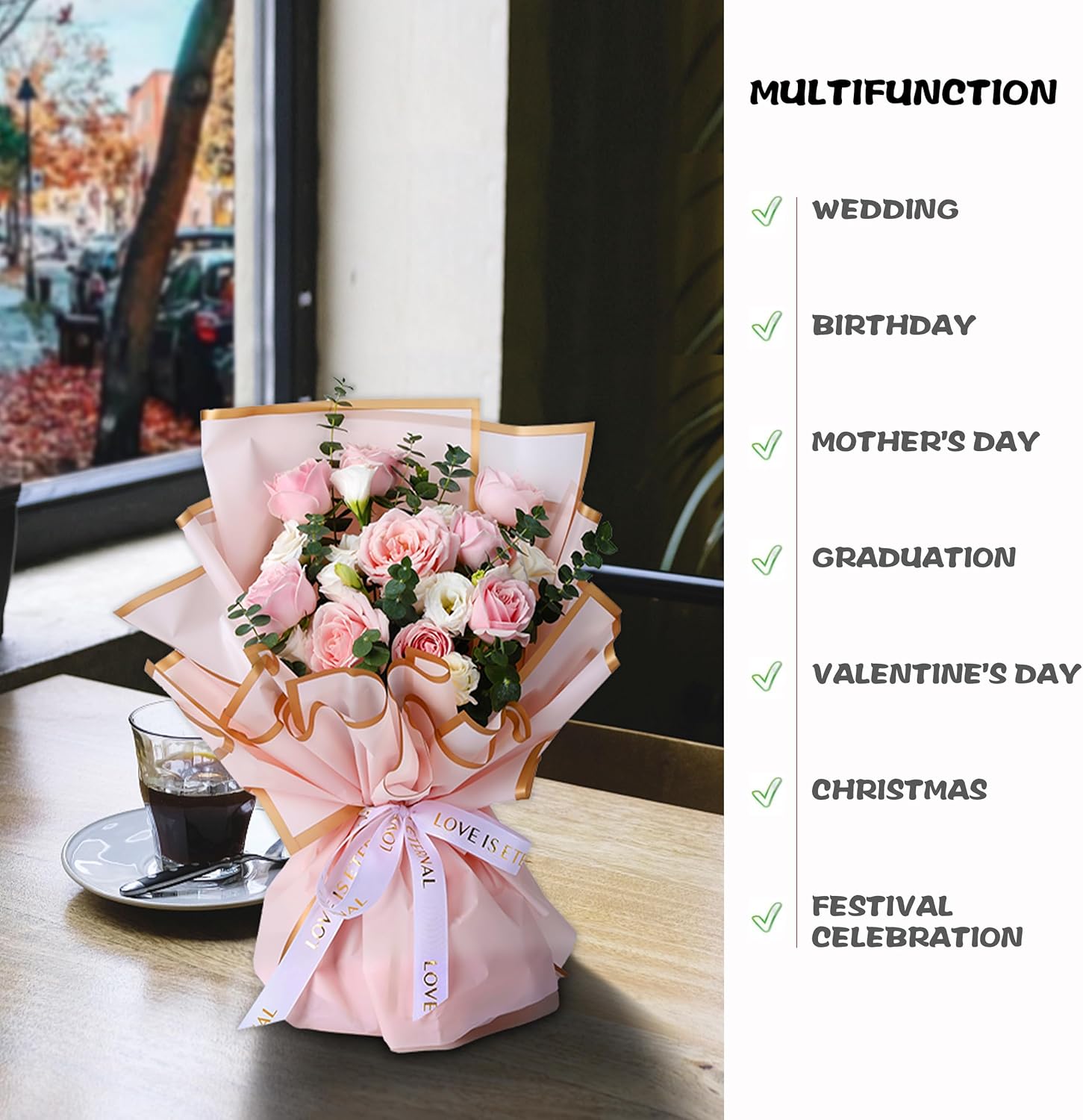 Ramo de papel de regalo de flores rosas con diseño de borde dorado, estilo de papel coreano, papel de regalo de ramo impermeable, papel de regalo,