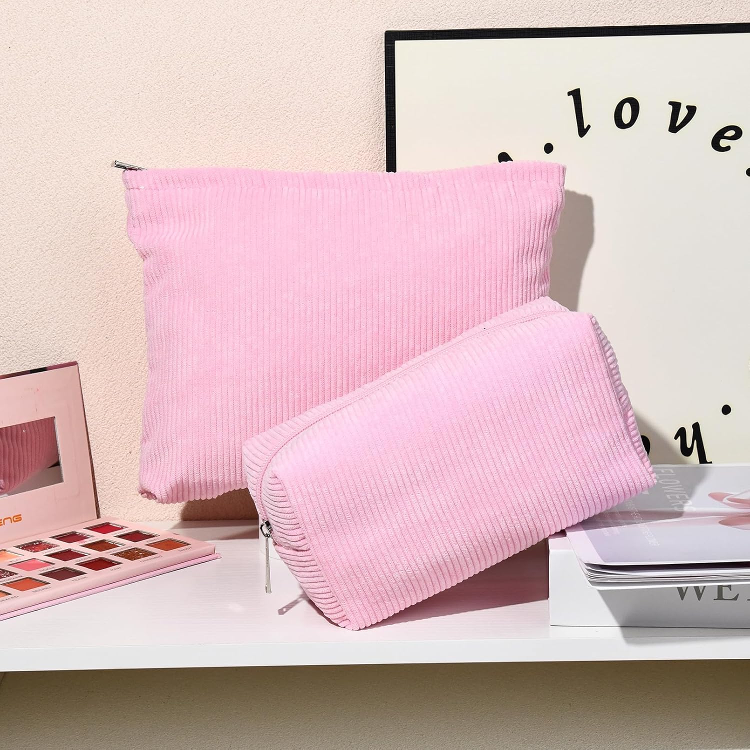 Bolsa de maquillaje de 2 piezas, bolsa grande de pana para cosméticos, bolsa de aseo de viaje, bolsa de aseo de viaje, organizador de brochas de