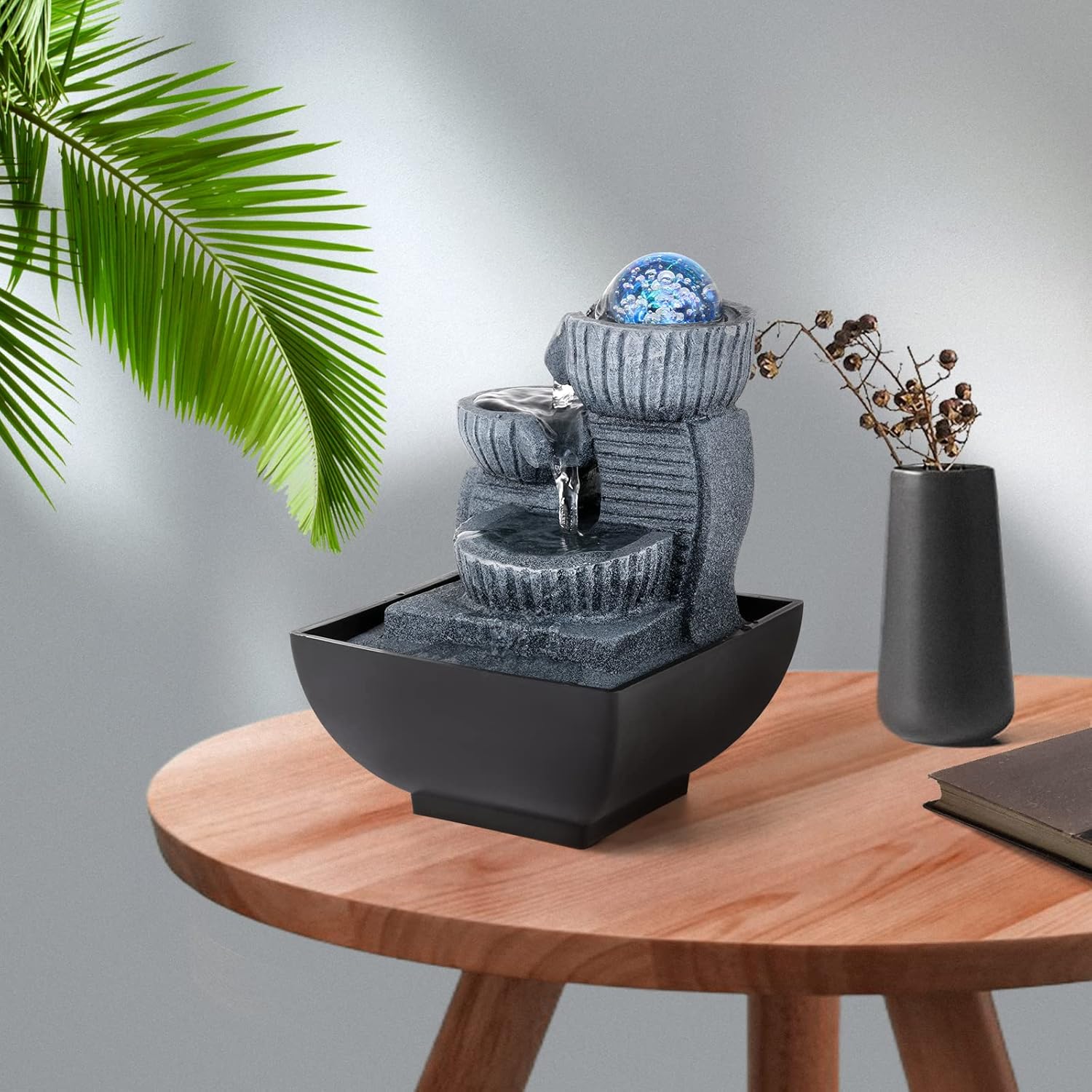Dyna-Living Fuente de agua de mesa para interiores, fuente de agua de relajación Feng Shui, fuente de cascada con luces para decoración del hogar,