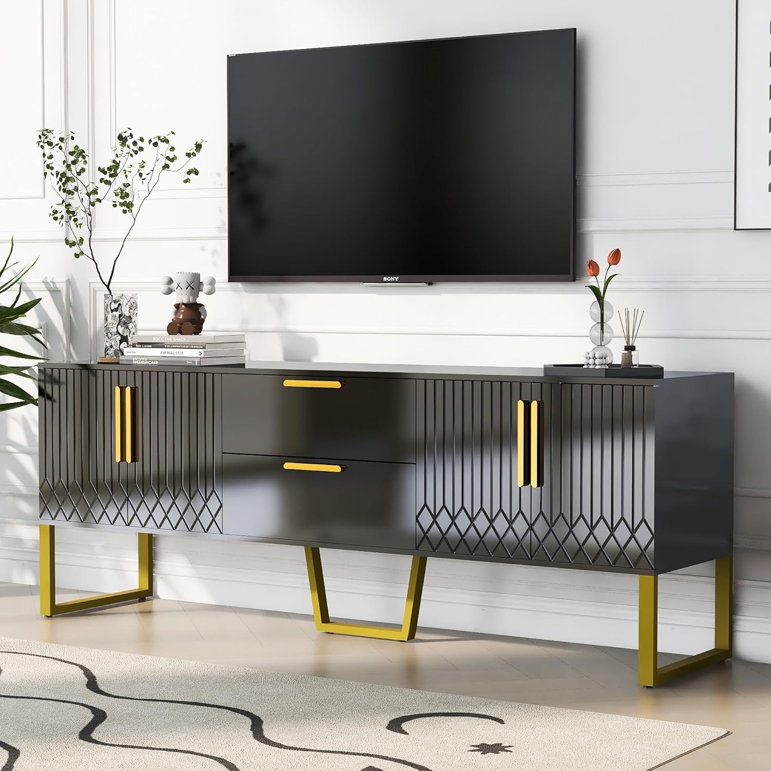Moderno mueble de almacenamiento para TV con 2 cajones y gabinetes, mesa consola de TV para sala de estar con patas y asas de metal para televisores