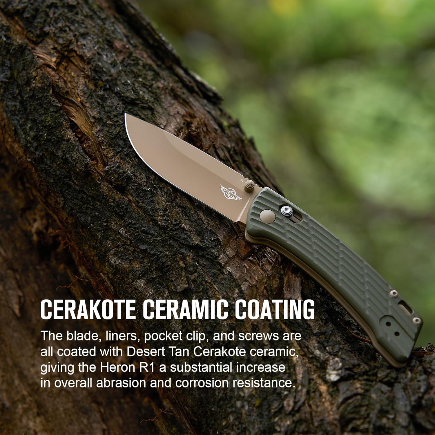 OKNIFE Heron R1 – Cuchillo de bolsillo plegable, cuchillo de bloqueo de eje con hoja D2 recubierta de cerakote de 3.26 pulgadas, mango G10, abridor