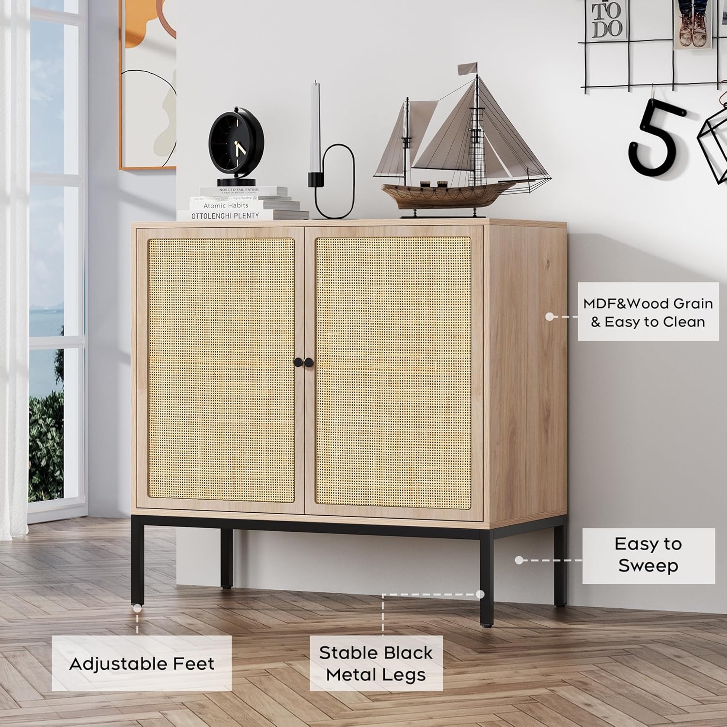 Brafab Aparador Buffet Gabinete con Almacenamiento, Armario Acento con Puertas Decoradas de Ratán Natural, Gabinete de Ratán, para Sala, Entrada,