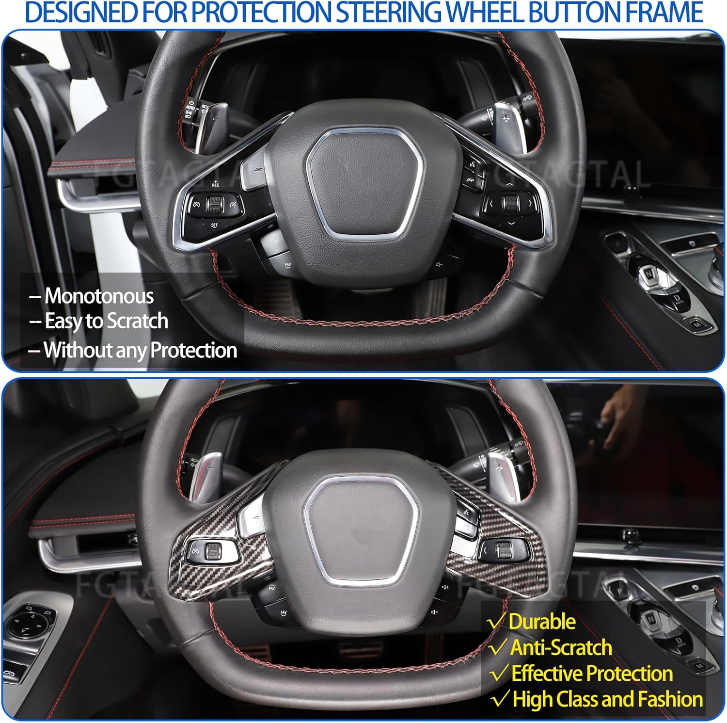 Cubierta de marco de botón de volante para Chevrolet Corvette C8 2020-2023, ABS panel de protección para volante de automóvil, 2 piezas (patrón de