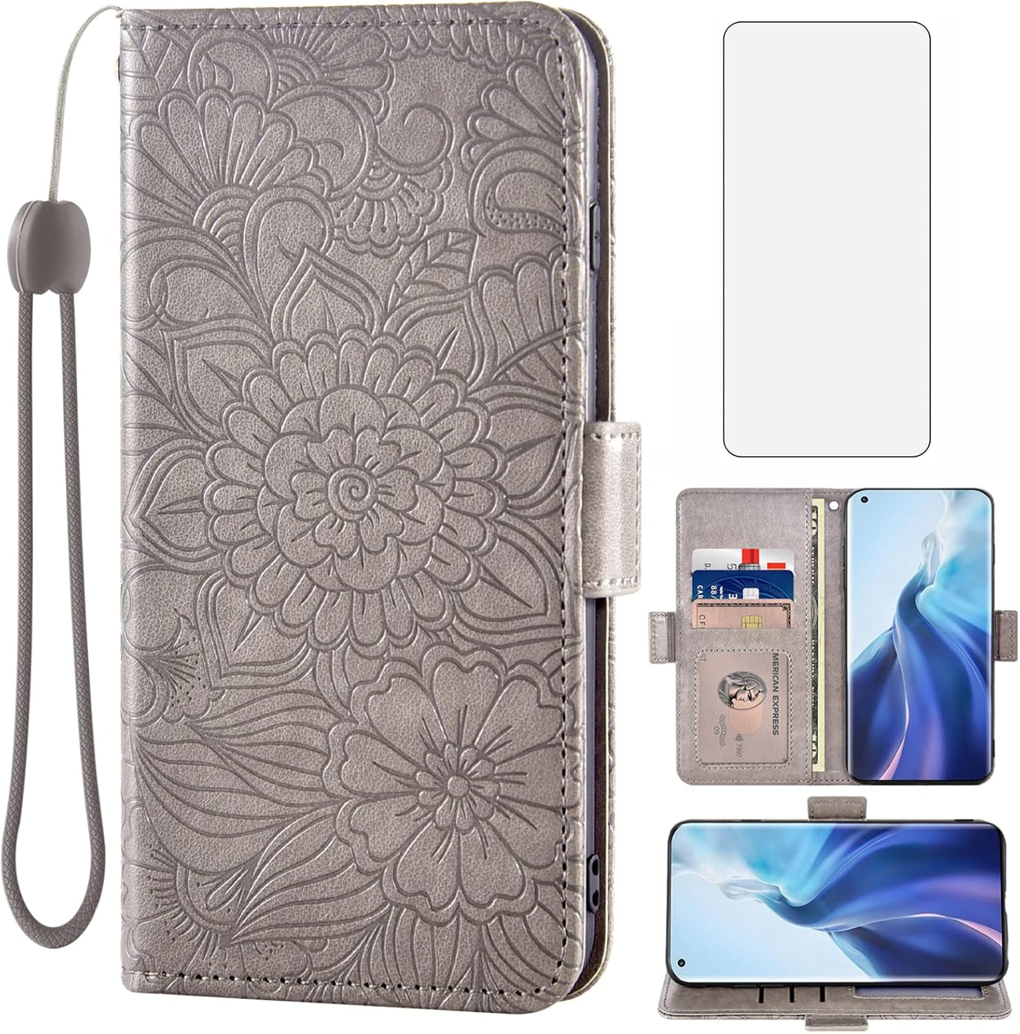 Compatible con Xiaomi Mi 11 Lite 4G5G – Funda tipo cartera y protector de pantalla de vidrio templado, soporte para tarjetas, soporte magnético de