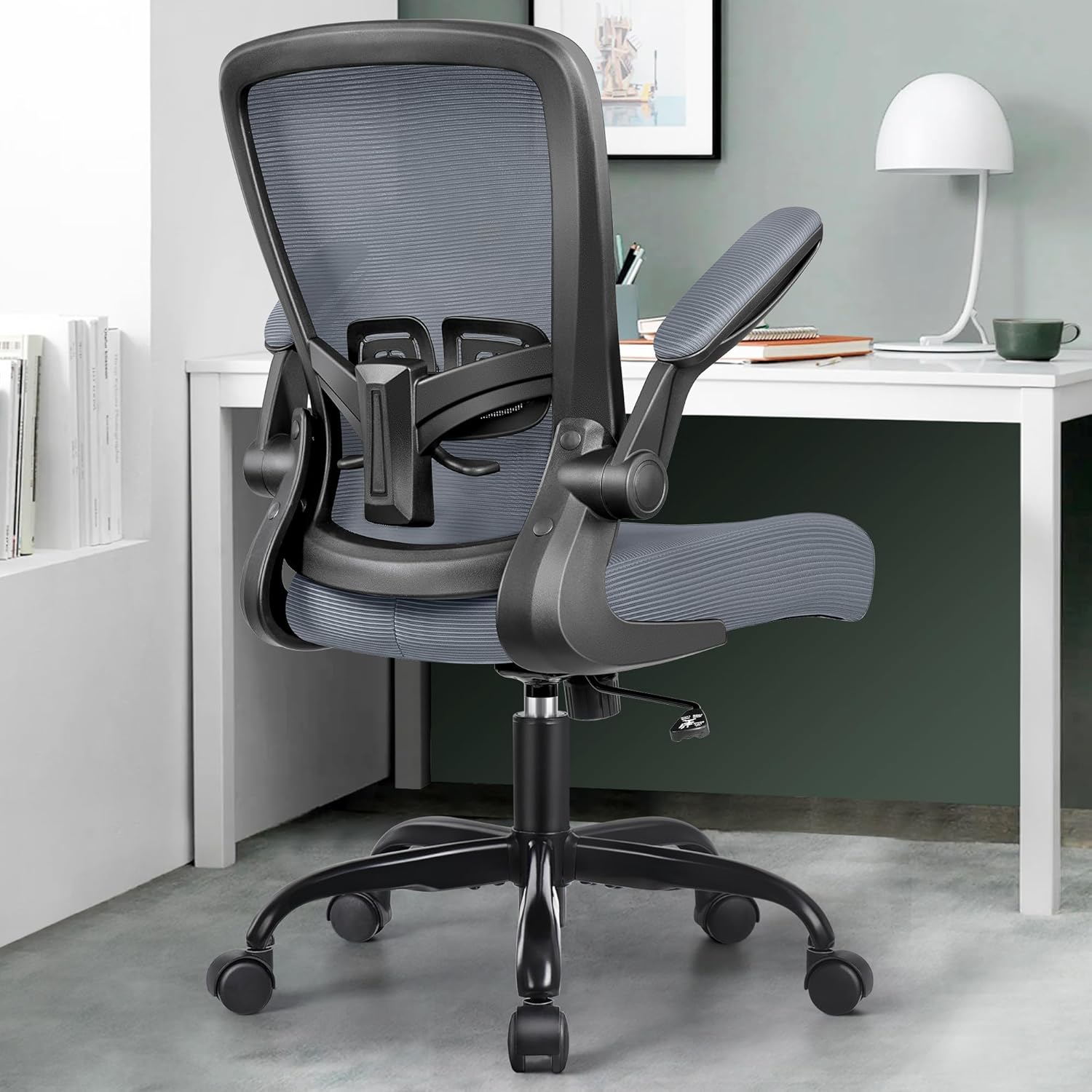 MINLOVE Silla de oficina ergonómica con soporte lumbar ajustable y altura, reposabrazos abatibles de 90, sillas de escritorio Ergo con ruedas, silla