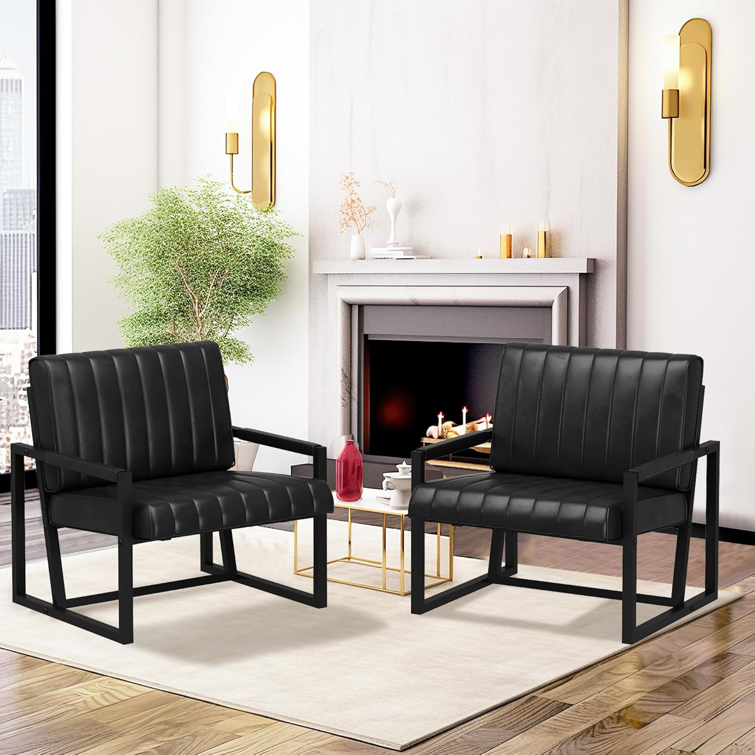 Recaceik Silla decorativa moderna de mediados de siglo, sillón tapizado de piel sintética con marco de metal, cojín de asiento de 4.1 pulgadas de