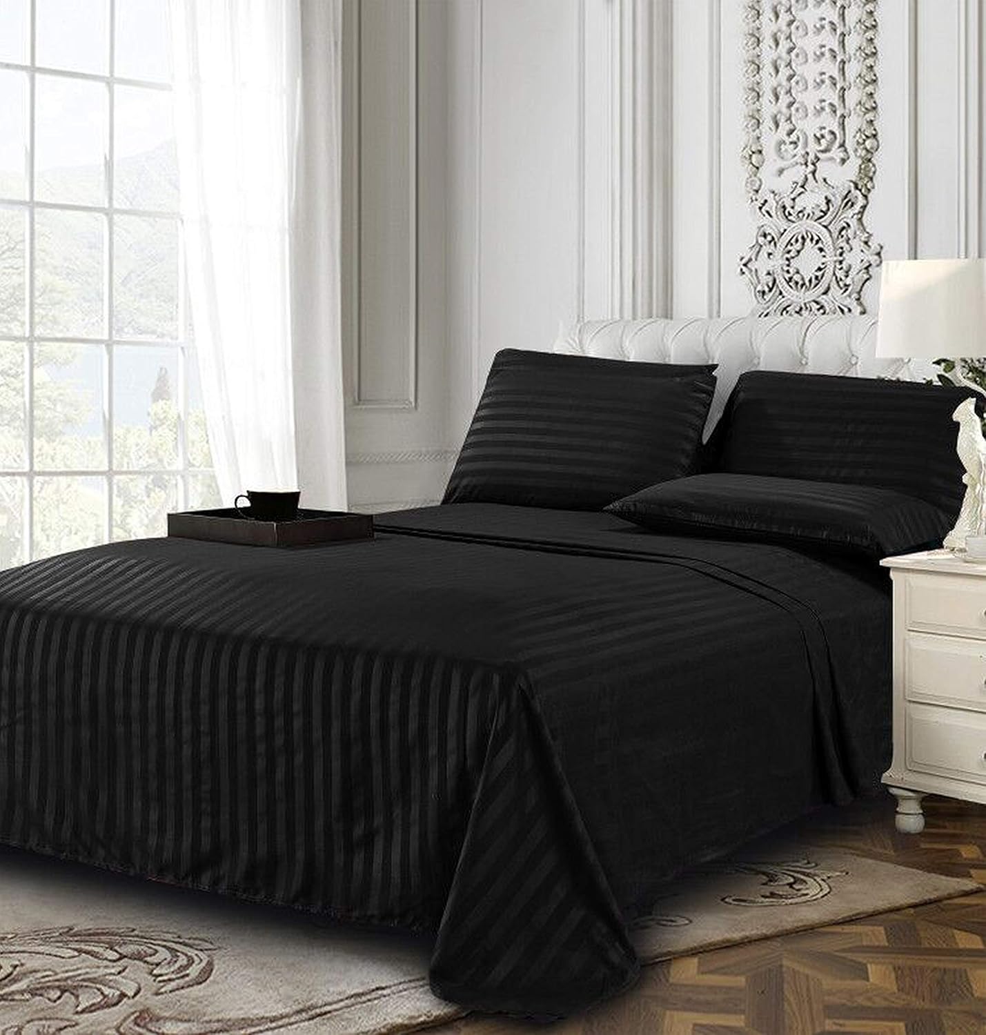 Elegant Comfort Juego de ropa de cama, suave, resistente a las arrugas y a la decoloración (6 piezas), Microfibra, Negro (Stripe Black), King