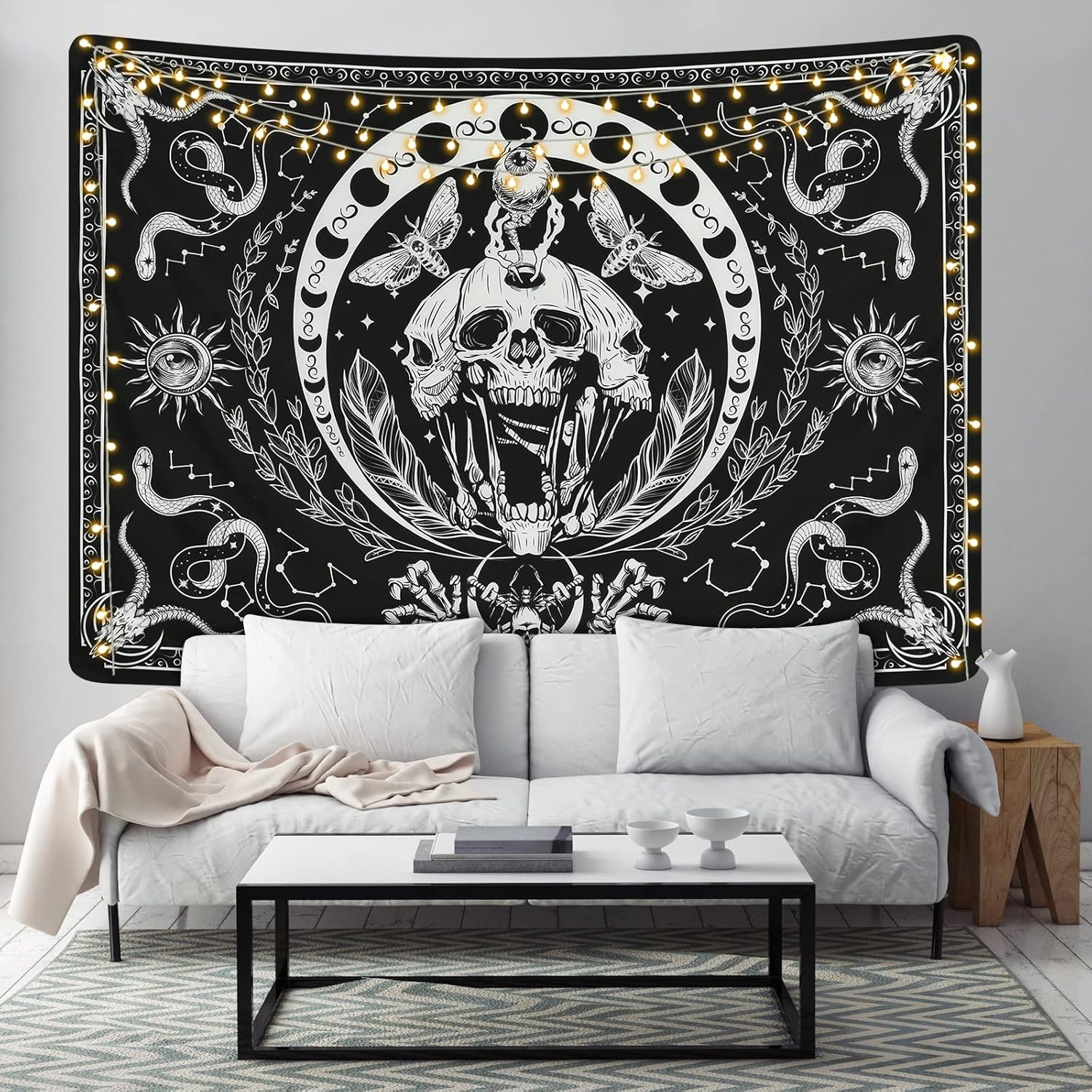 Krelymics Tapiz de calavera blanco y negro, tapiz de serpiente, tapiz de polilla, tapiz de esqueleto trippy, mandala de fase lunar, tapiz para