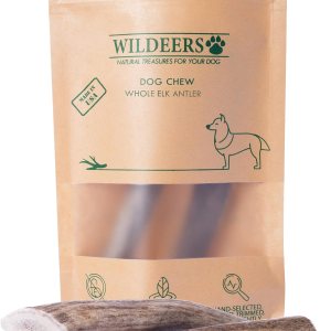 Wildeers Cuernos de alce para perros medianos, paquete de 2, masticables enteros para perros, tratamiento estimulante de la mente, desprendimiento Wildeers Cuernos de alce para perros medianos, paquete de 2, masticables enteros para perros, tratamiento estimulante de la mente, desprendimiento