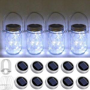 Paquete de 10 luces solares para tarros de masón, 20 luces LED con forma de hada y estrella, con 10 colgadores, resistente al agua y al óxido, para Paquete de 10 luces solares para tarros de masón, 20 luces LED con forma de hada y estrella, con 10 colgadores, resistente al agua y al óxido, para