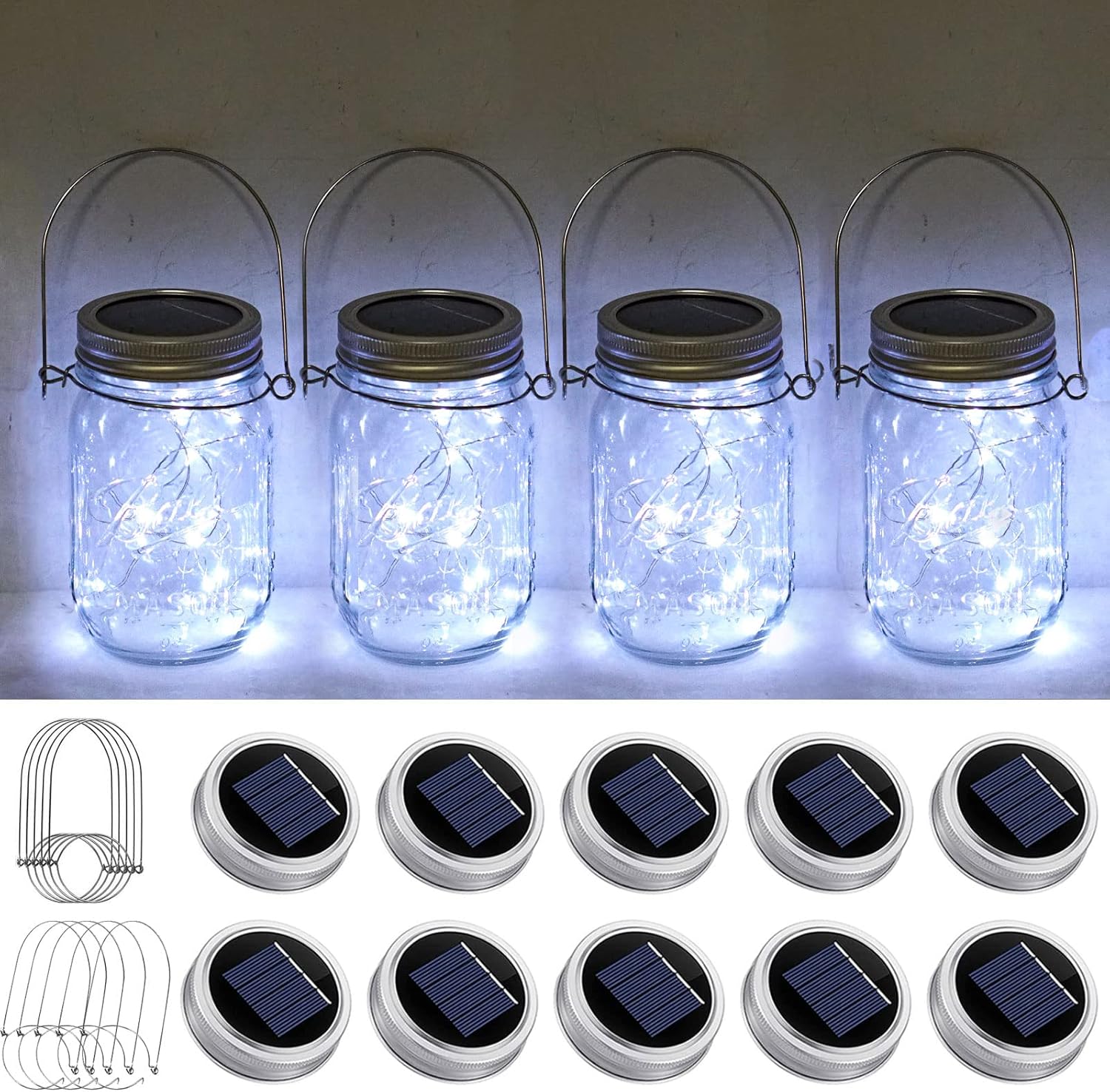 Paquete de 10 luces solares para tarros de masón, 20 luces LED con forma de hada y estrella, con 10 colgadores, resistente al agua y al óxido, para