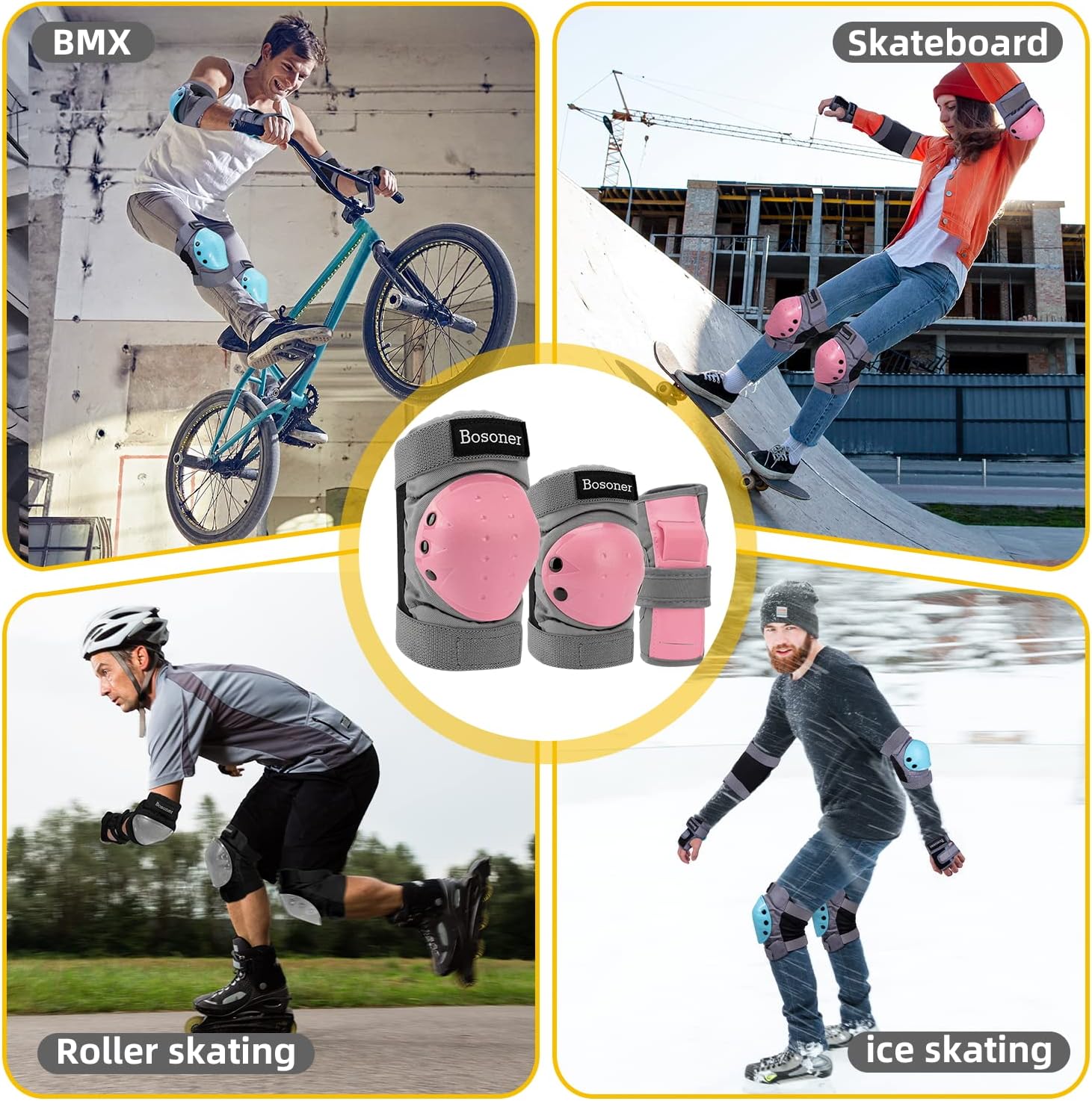 BOSONER Rodilleras para adultosniños, coderas, equipo de protección para ciclismo, bicicleta, patinaje, patinaje en línea, monopatín, bicicleta,
