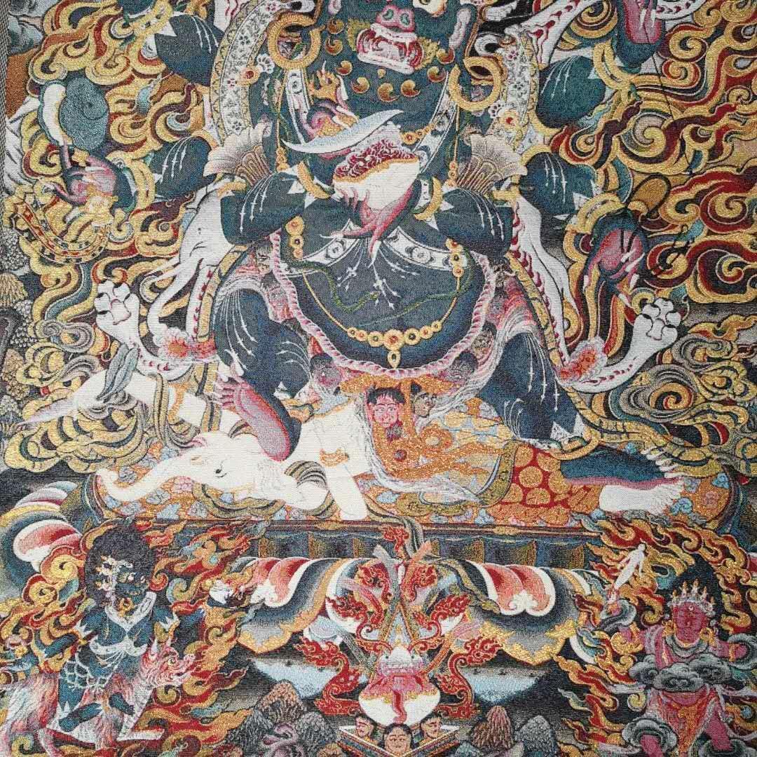 Tapiz de seda bordado de budismo Tíbet Thangka de seda de 6 brazos Mahakala Wrathful Deity Tangka Fengshui para colgar en la pared para decoración