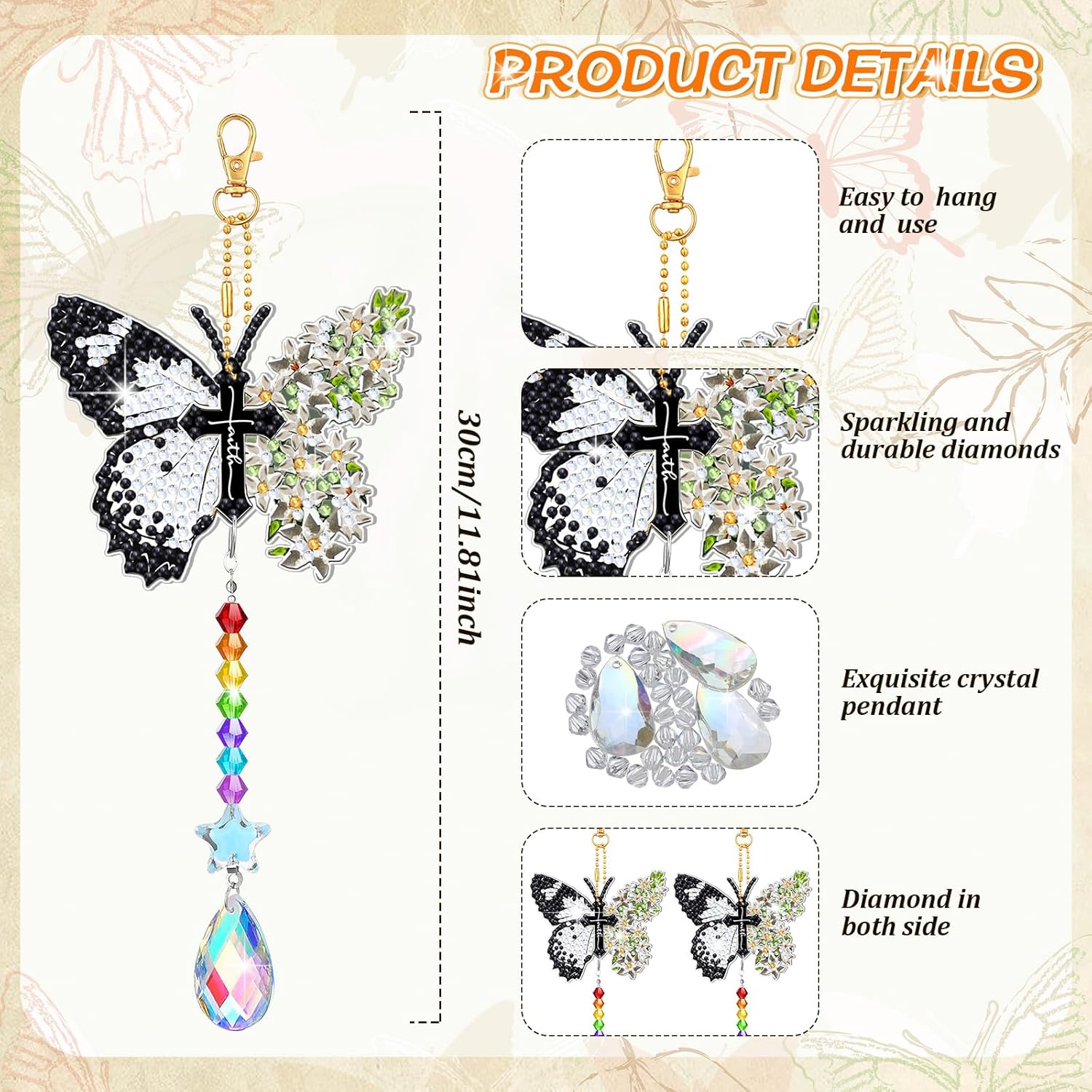 Tradder Juego de 6 piezas de pintura de diamante, carillones de viento, adornos de mariposa de doble cara con colgante de cristal, arte de diamantes