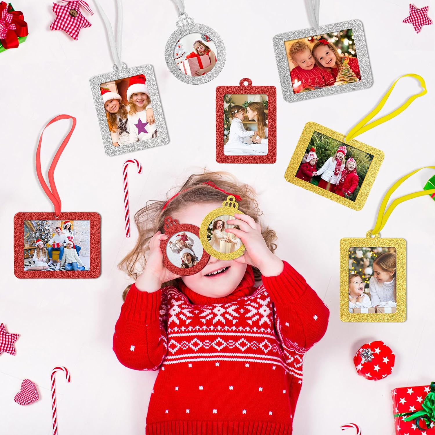 Queekay 48 adornos navideños para colgar fotos, marco de fotos para árbol, marco de fotos pequeño con purpurina para bricolaje, manualidades,