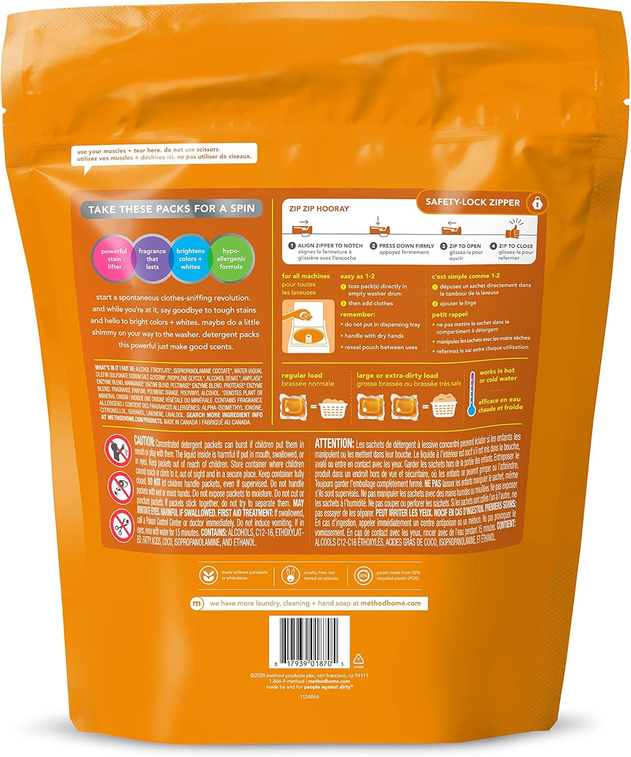 Method Paquetes de detergente para lavandería aroma de jengibre y mango solución quitamanchas a base de plantas que funciona en agua fría y caliente