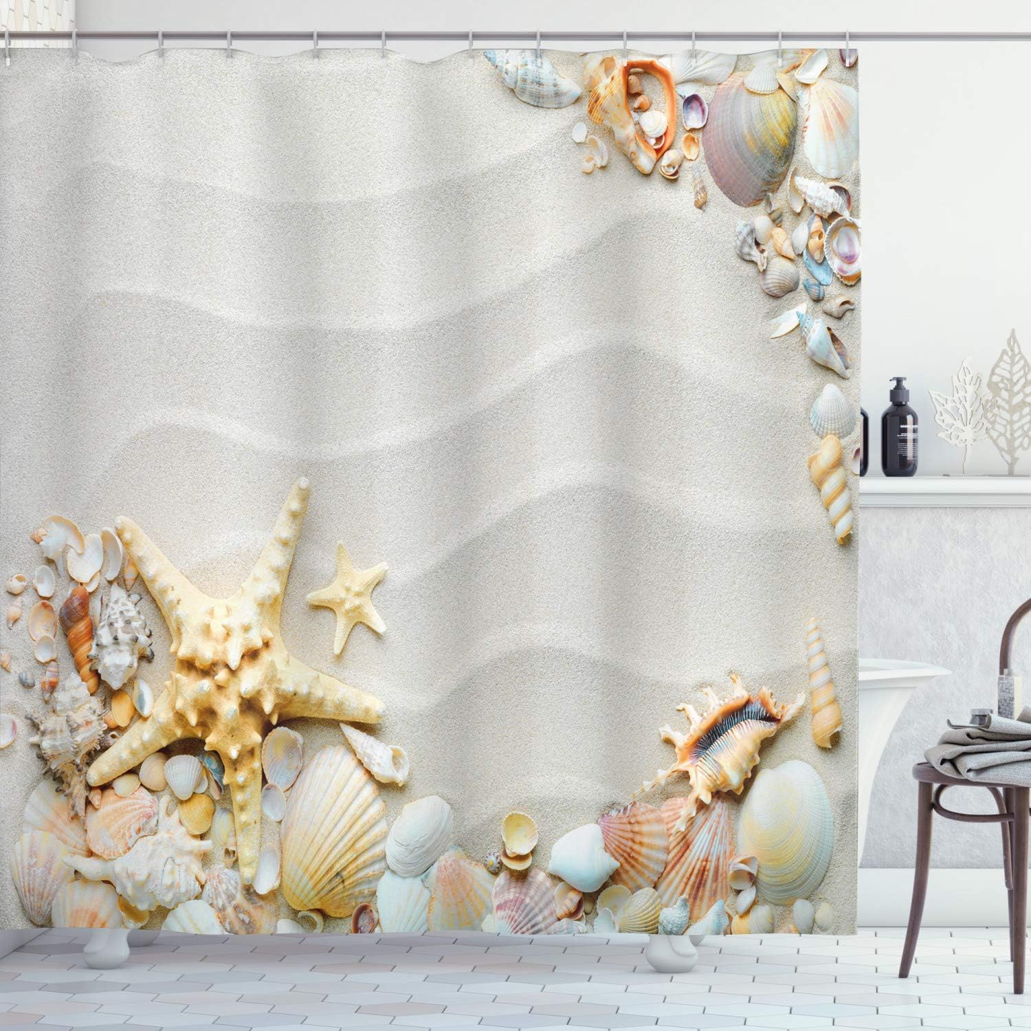 Ambesonne Cortina de ducha con estrellas de mar, costa de mar con arena con varias conchas marinas tropicales, temática de vida silvestre acuática,