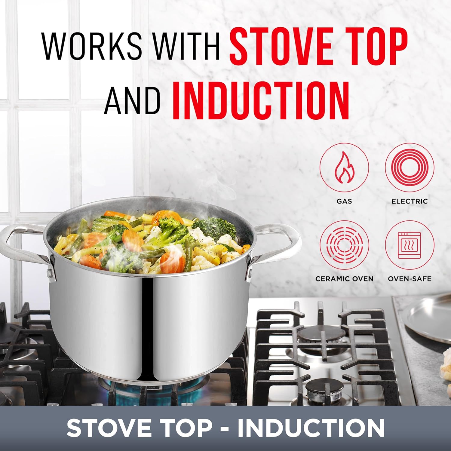 Bakken-Swiss Deluxe – Olla de acero inoxidable de 5 cuartos de galón con tapa transparente de vidrio templado, deliciosas sopas, guisos y cocción
