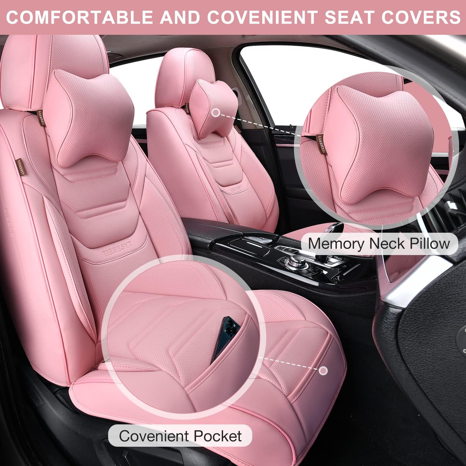 Fundas de asiento delantero de coche color rosa con reposacabezas, cuero transpirable, 1 par de ajuste universal para sedanes, SUV, camiones