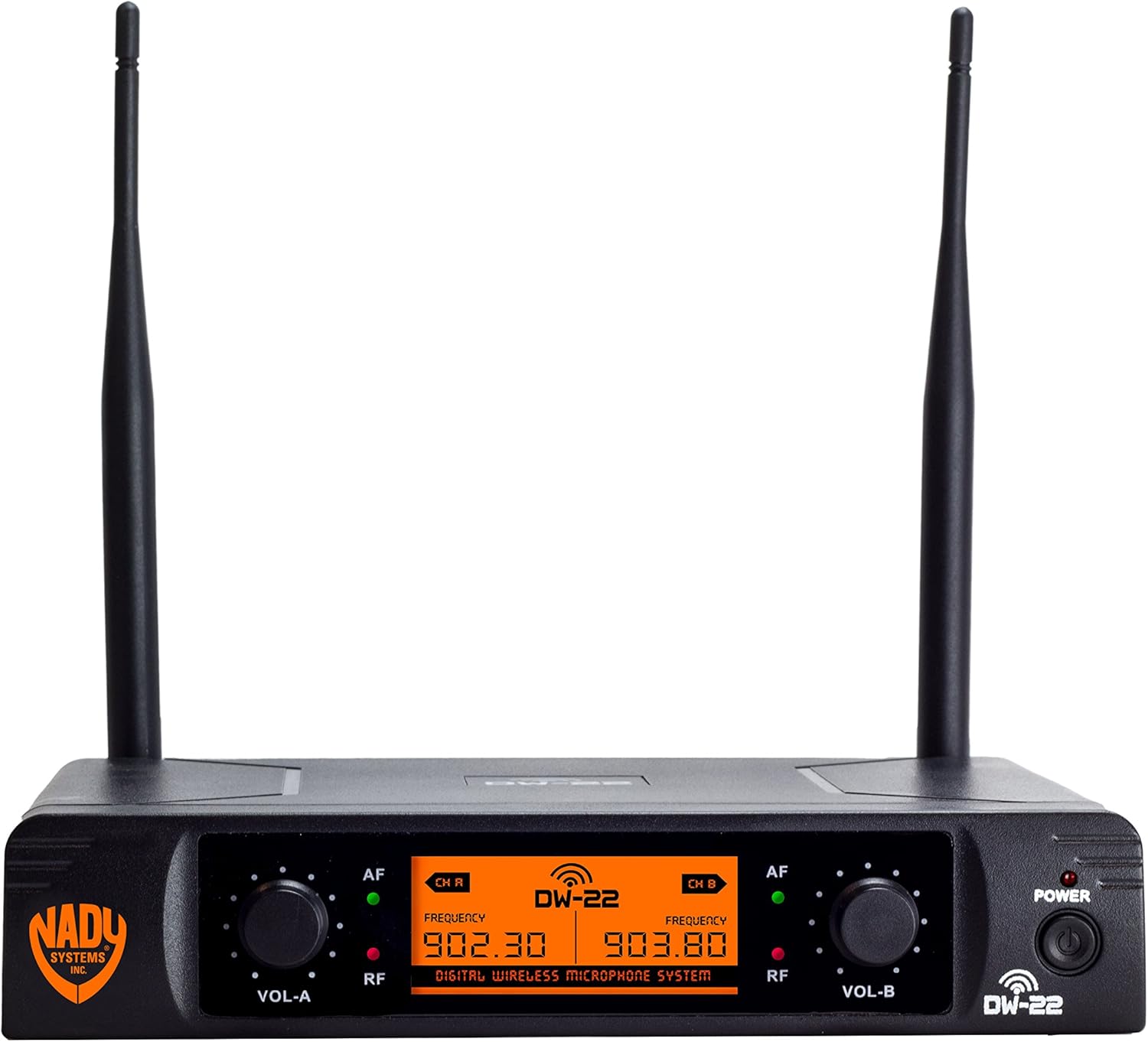 Nady DW-22 Sistema de micrófono de mano inalámbrico digital dual – Frecuencia UHF fija dual – Latencia ultrabaja con modulación QPSK – Salidas XLR
