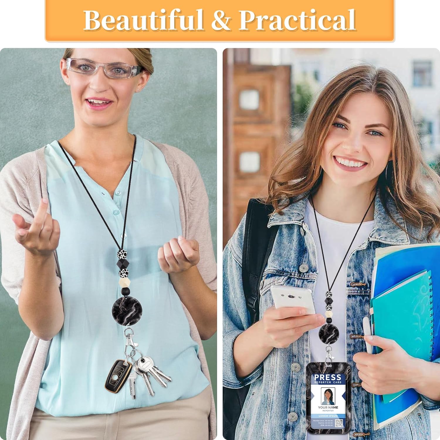 Cordón para profesor para tarjeta de identificación, para hombres y mujeres, con cuentas, cordón para el cuello, soporte para insignias de