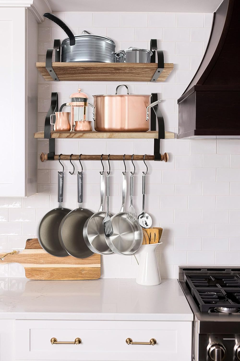 Gurfury – Estante colgante de madera para ollas con 8 ganchos, soporte de pared estilo granja, multifuncional, organizador de utensilios de cocina,