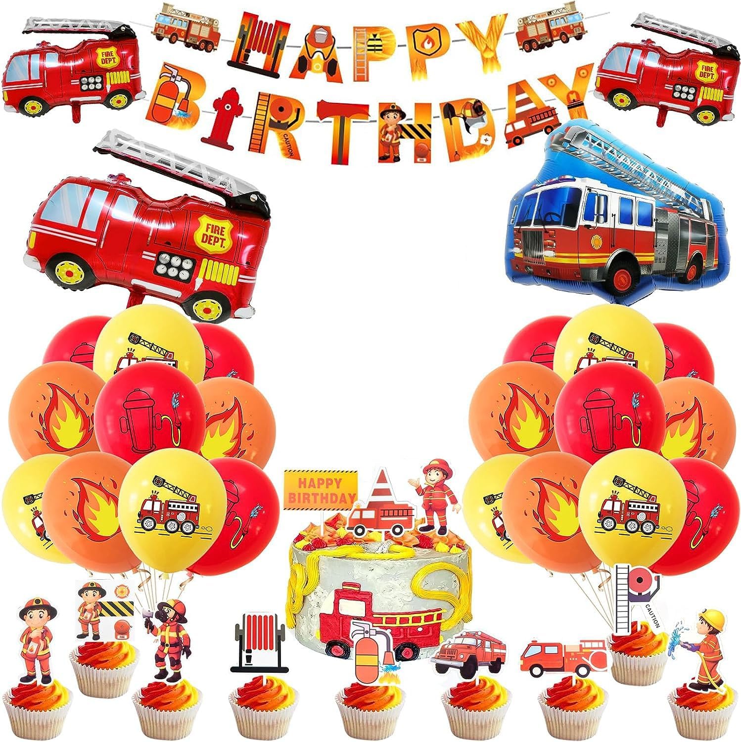 Decoración de cumpleaños de camión de bomberos, 35 piezas de globos de cumpleaños de camión de bomberos, decoración de camión de bomberos de