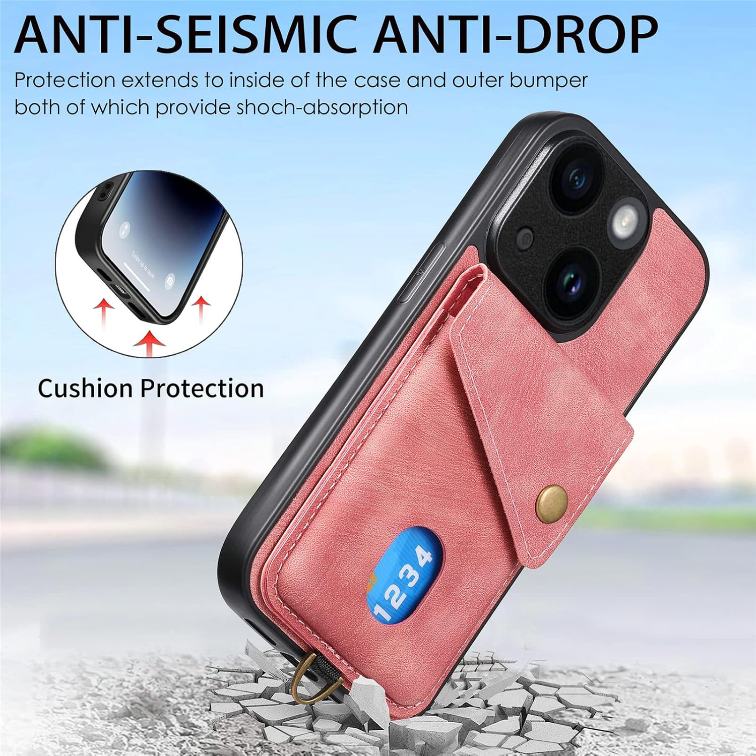 Asuwish Funda de teléfono para iPhone 14 de 6.1 pulgadas con protector de pantalla de vidrio templado y correa para la muñeca, soporte para tarjeta