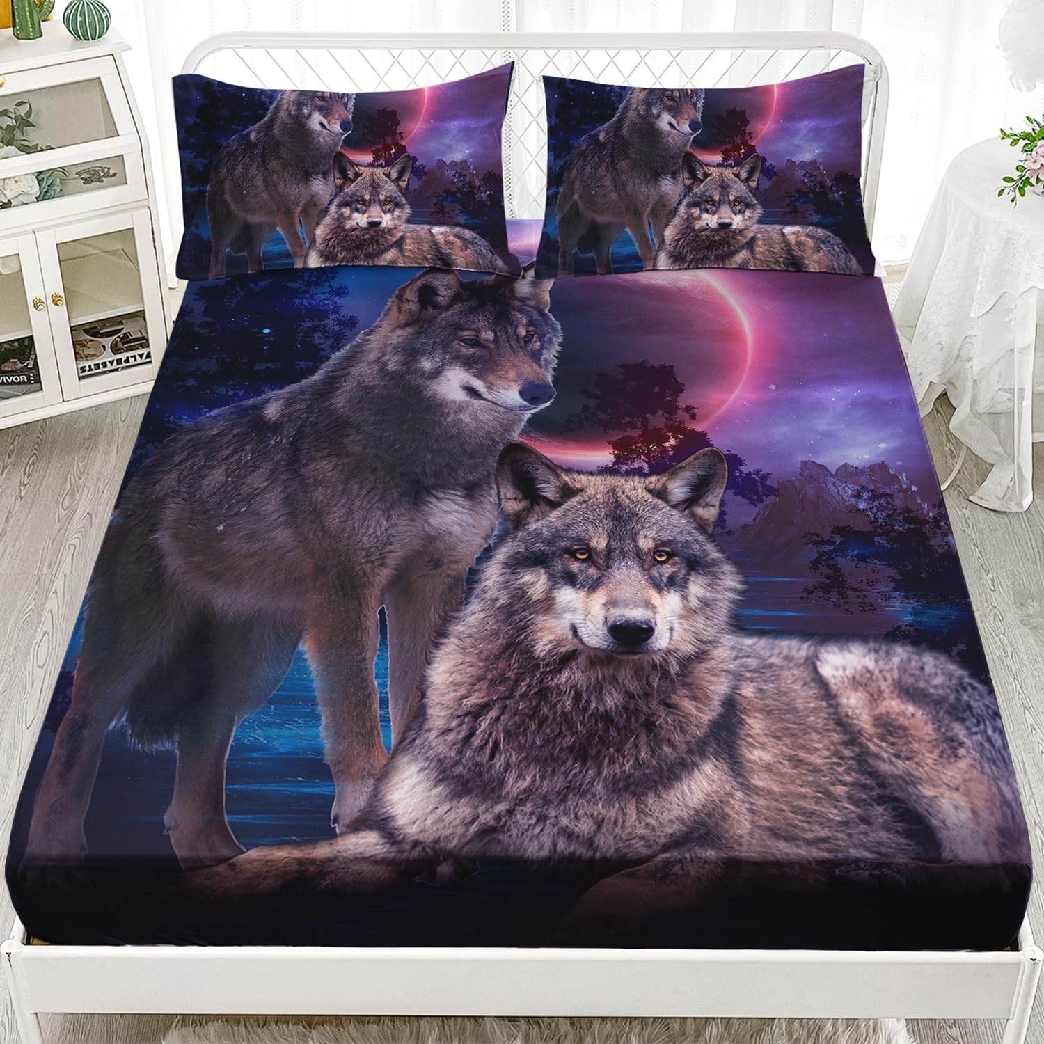AILONEN Juego de sábanas bajeras de lobo, tamaño individual, juego de sábanas de lobos safari, color marrón, para parejas y lobos, decoración de