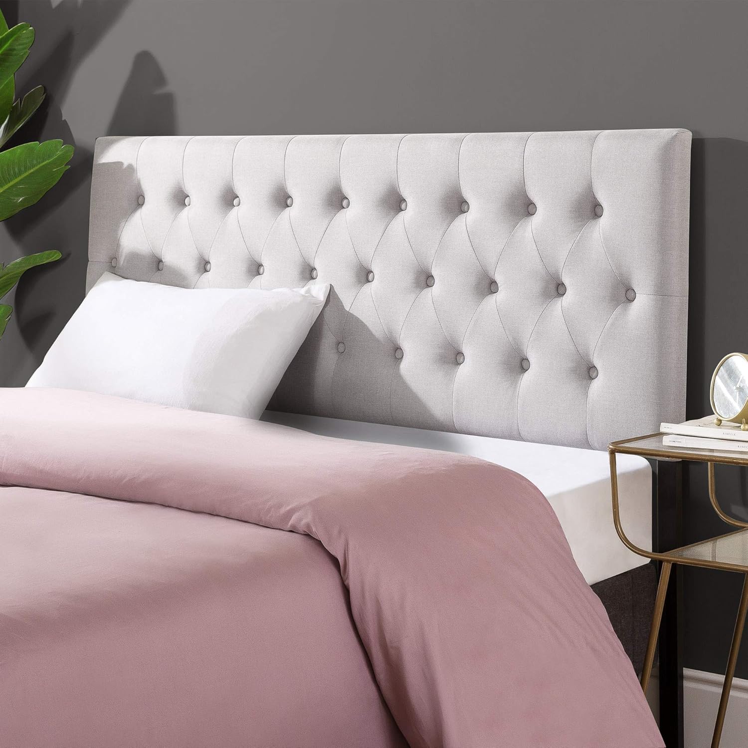Zinus Trina – Cabecera tapizada y soportes SmartBase, diseño clásico con botones que añade elegancia, se adapta a marcos estándar QueenFull