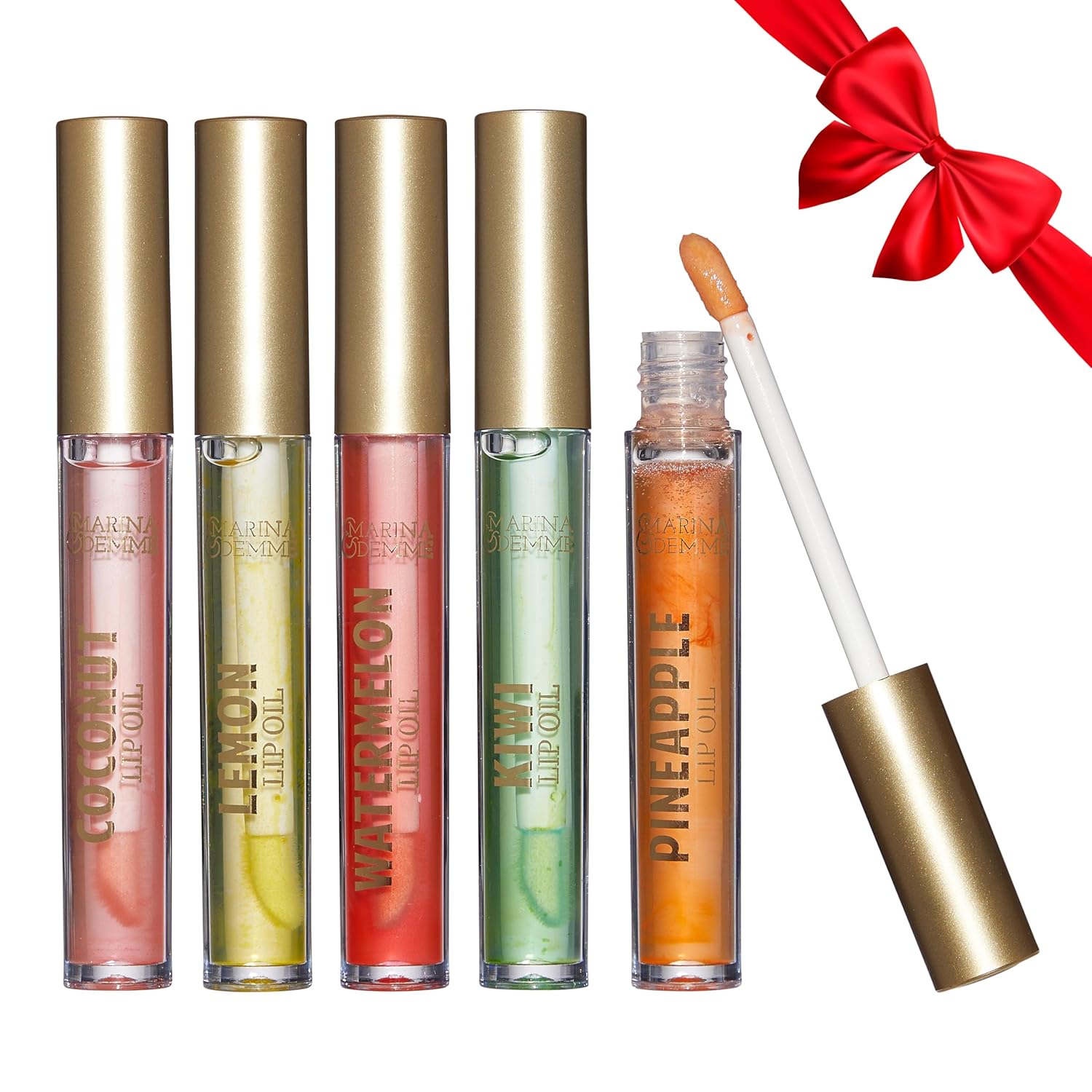 Marina and Demme Colección de 5 piezas de aceites labiales tropicales juego de 5 brillos labiales vibrantes en tubos aptos para viajes (0.1 fl oz