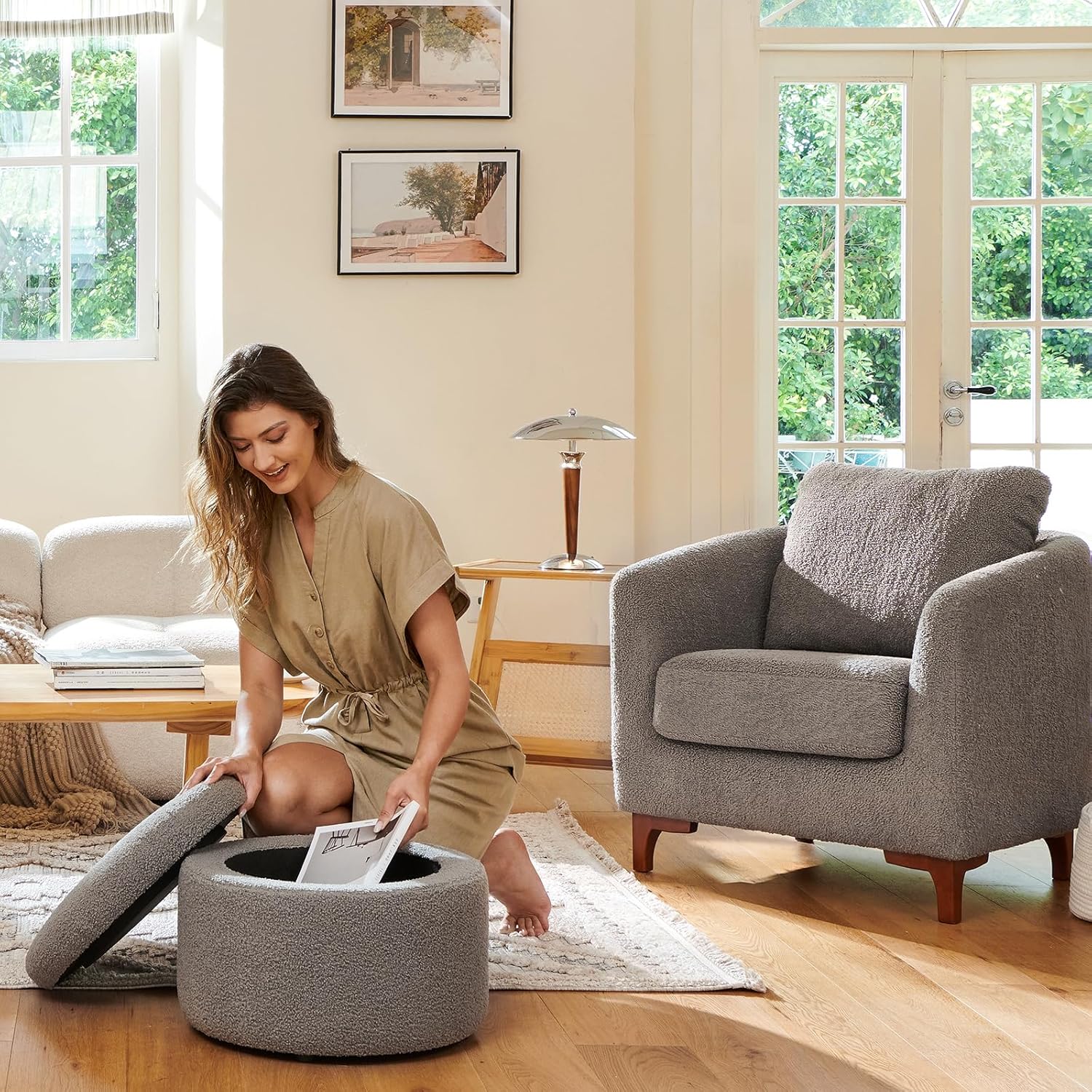 COLAMY Juego de silla decorativa Sherpa y otomana de almacenamiento, moderno tapizado de tela para sala de estar, sillón con almohada trasera y