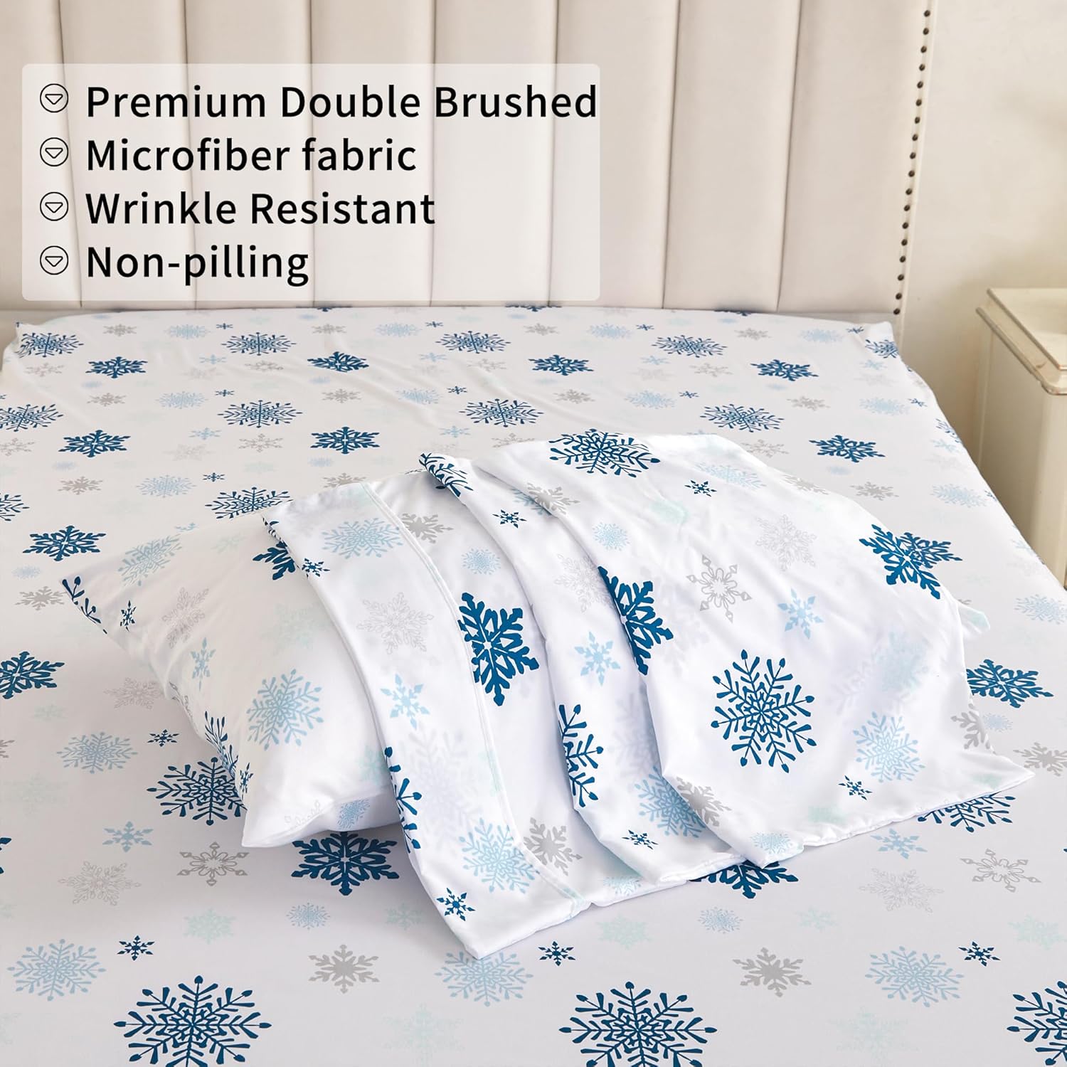 Mooreeke Sábanas matrimoniales navideñas con estampado de copos de nieve, juego de sábanas de tamaño matrimonial con bolsillo profundo, sábana