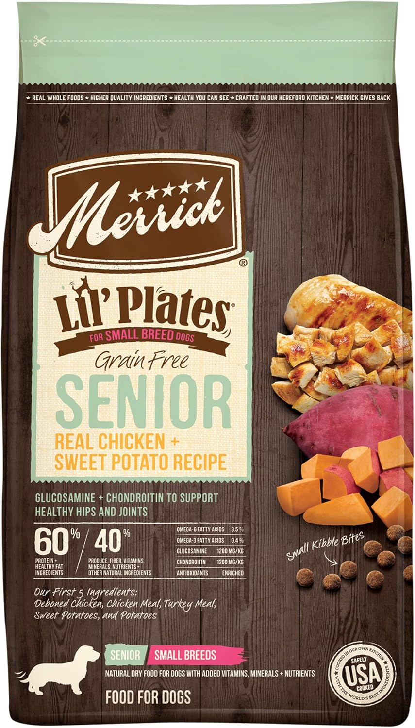 Merrick Lil’ Plates – Alimento para perros de raza pequeña, receta de pollo real y batata para personas mayores sin granos, comida para perros
