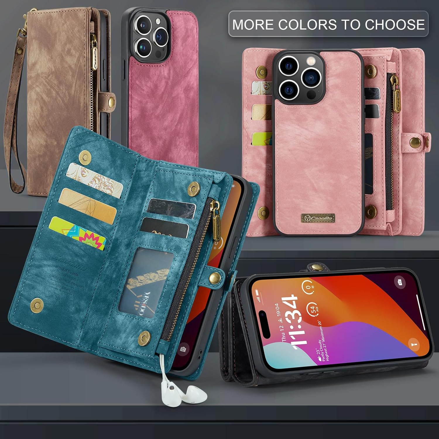 Kowauri Funda tipo cartera para iPhone 15 Pro Max, cartera de piel con cremallera, cartera de piel con tarjetero y correa para la muñeca,