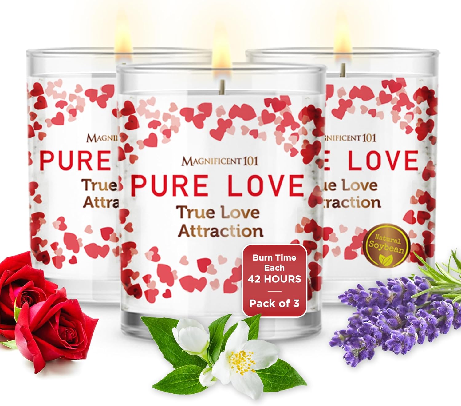 Magnificent 101 Pure Love – Juego de 3 velas de aromaterapia para una verdadera atracción amorosa, 3.5 onzas cada cera de soja natural, 42 horas de